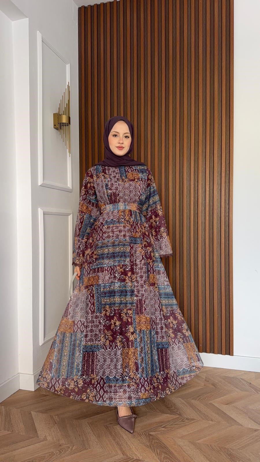 MEYSADESIGN ELBİSELER Sofa Desenli Güpür Elbise Mürdüm