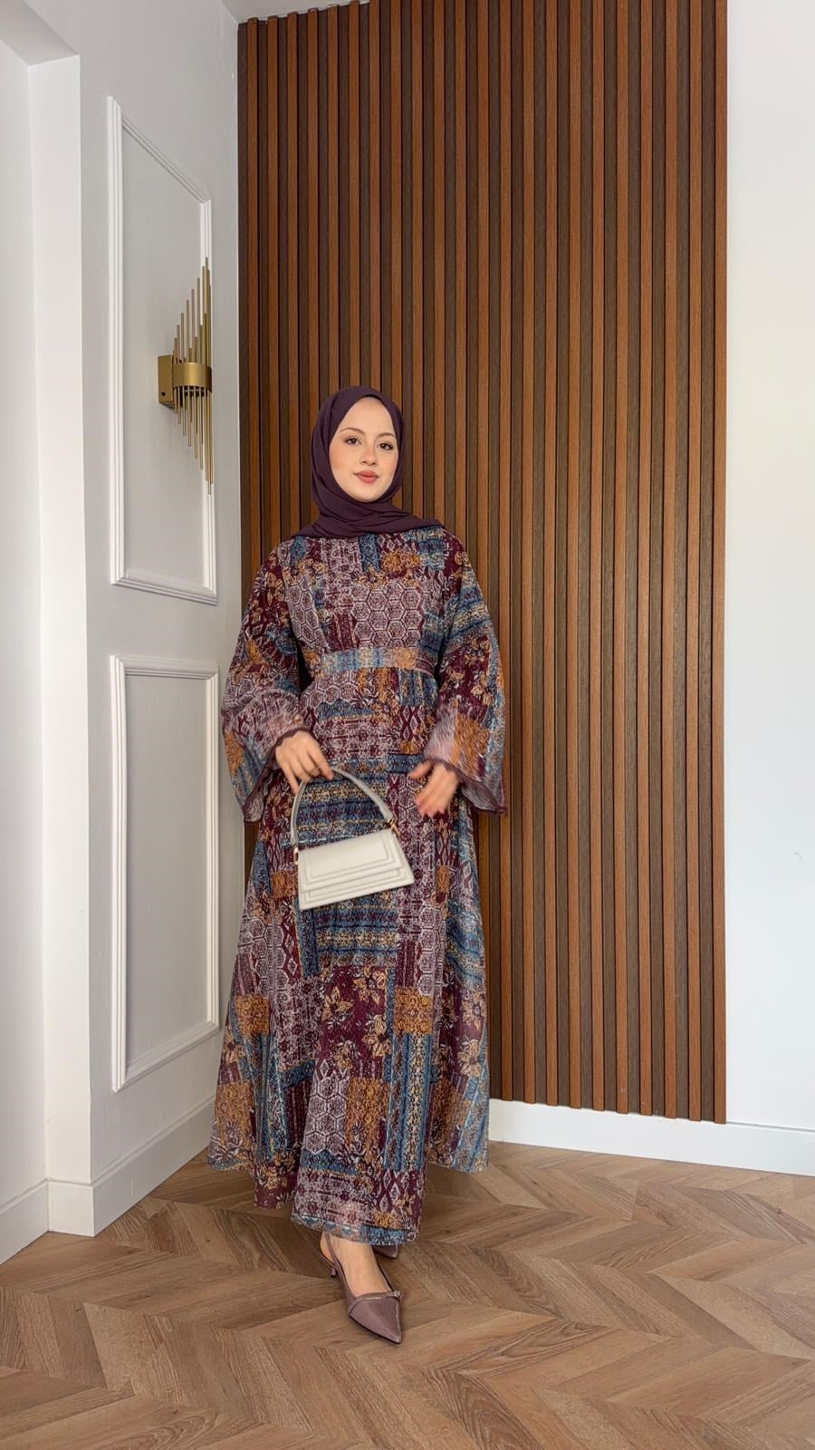 MEYSADESIGN ELBİSELER Sofa Desenli Güpür Elbise Mürdüm