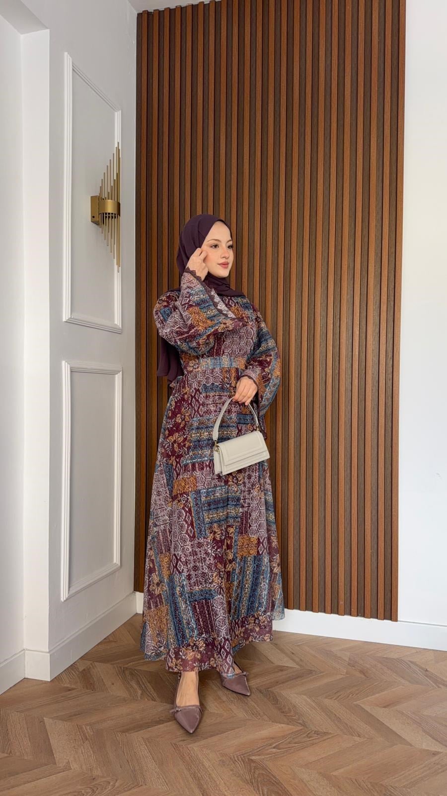 MEYSADESIGN ELBİSELER Sofa Desenli Güpür Elbise Mürdüm