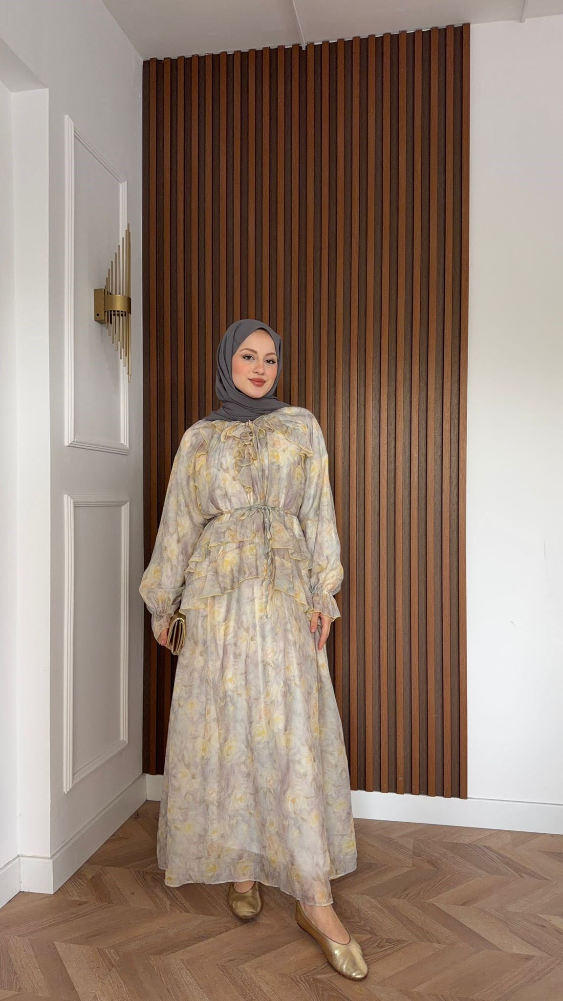 MEYSADESIGN DRESSES Sui Çiçek Desenli Elbise Gri