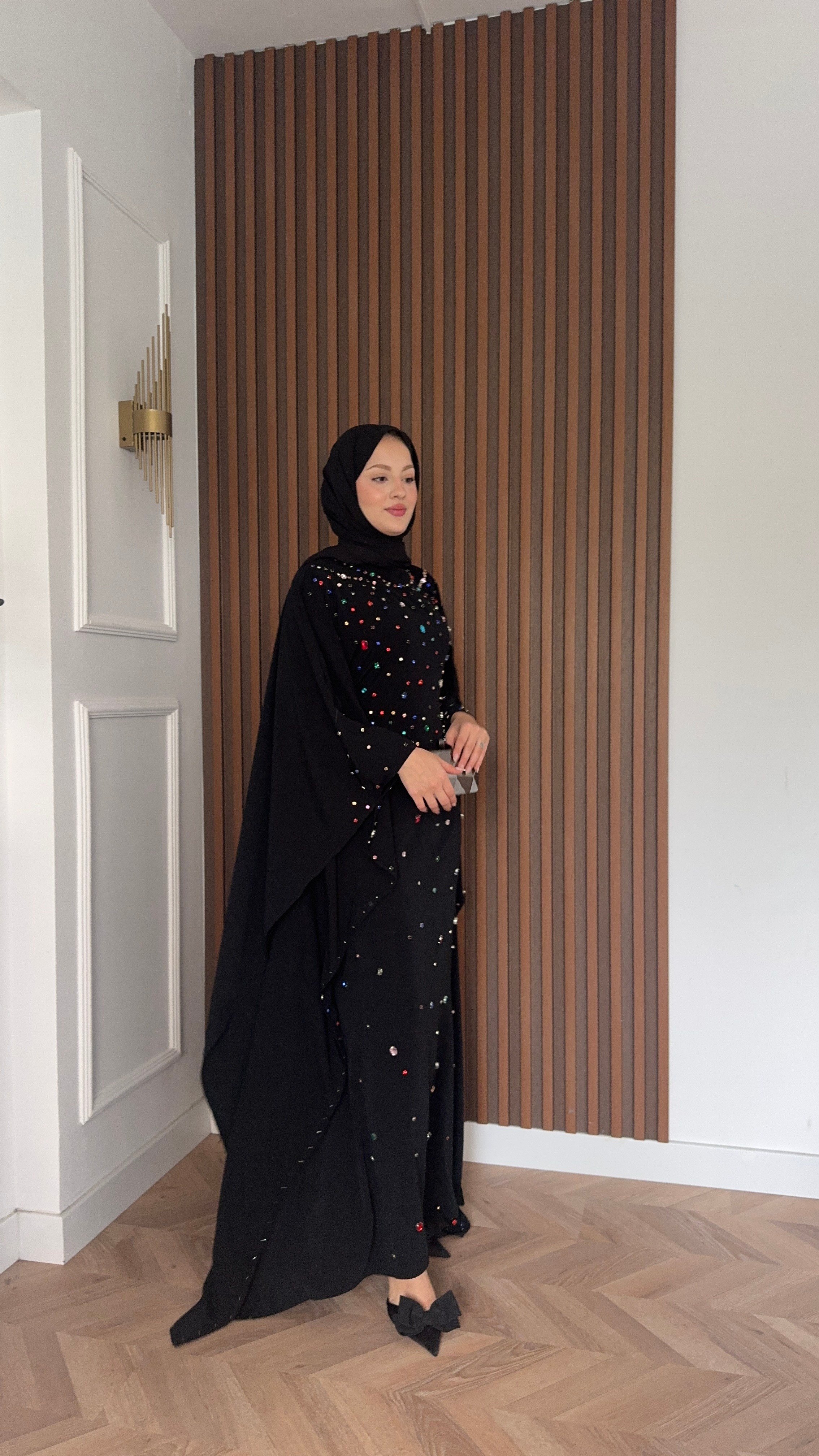 MEYSADESIGN ELBİSELER Tasarım Taşlı Sisi Yarasa Kol Abaya Siyah