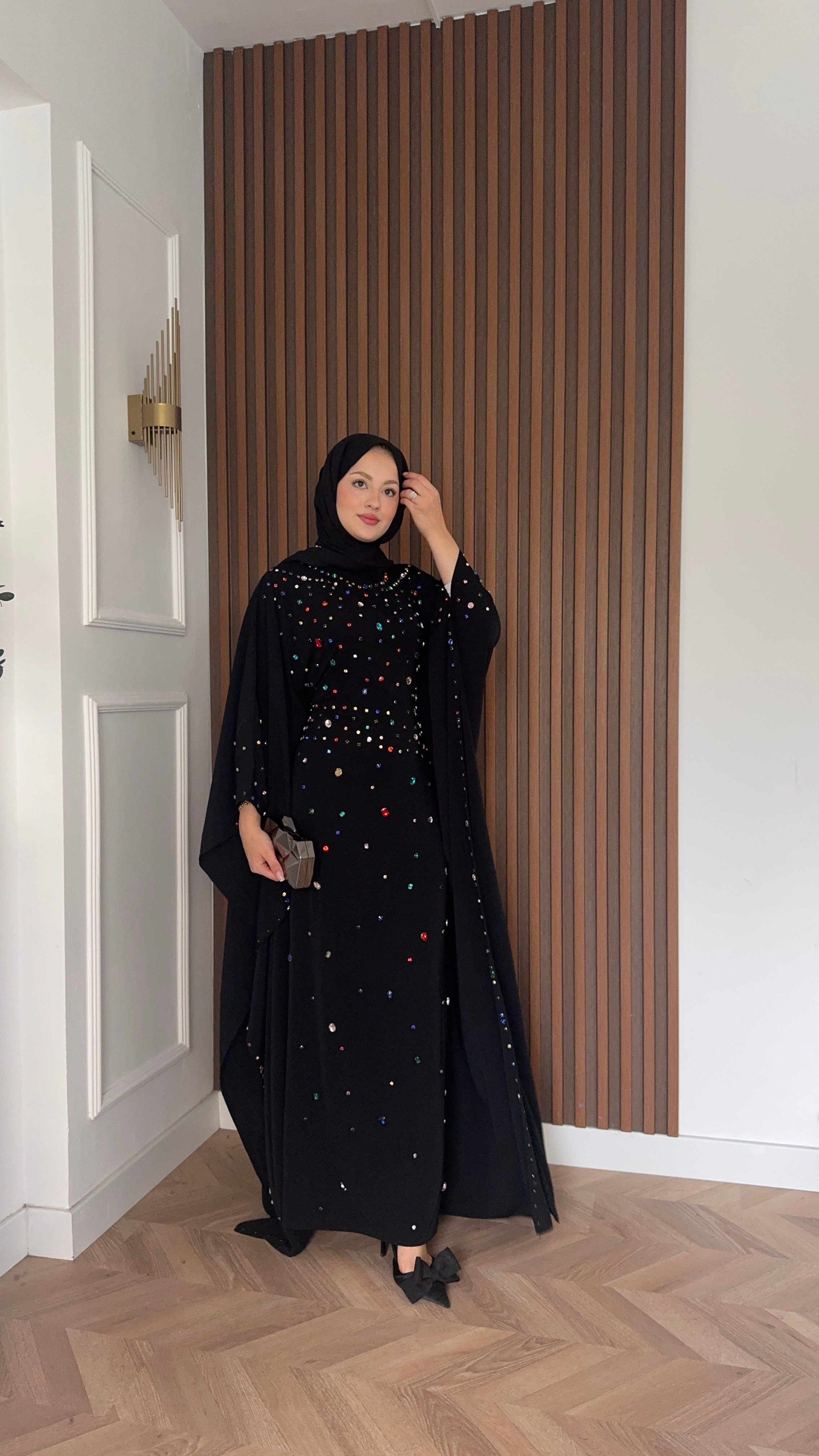 MEYSADESIGN ELBİSELER Tasarım Taşlı Sisi Yarasa Kol Abaya Siyah