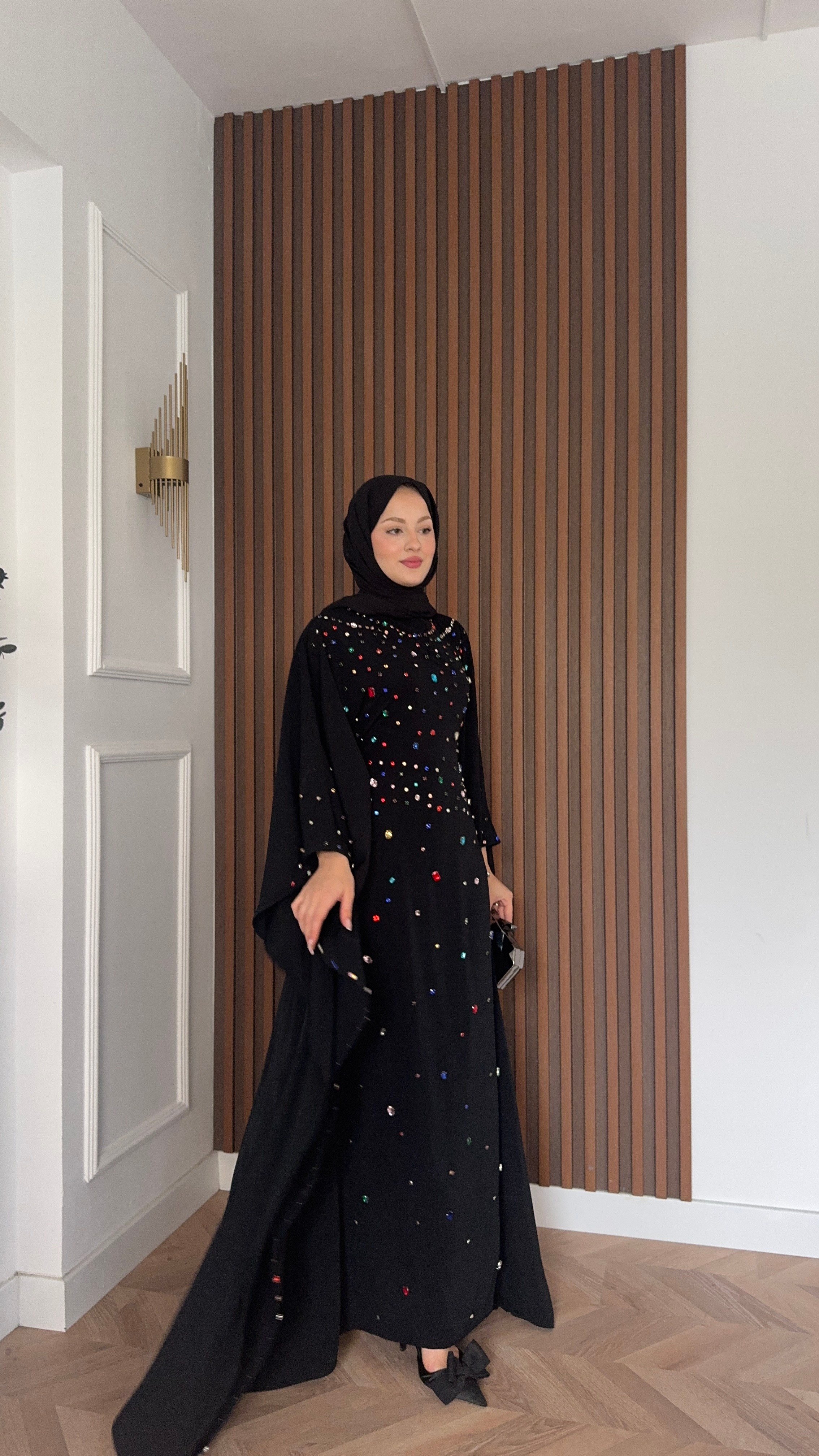 MEYSADESIGN ELBİSELER Tasarım Taşlı Sisi Yarasa Kol Abaya Siyah