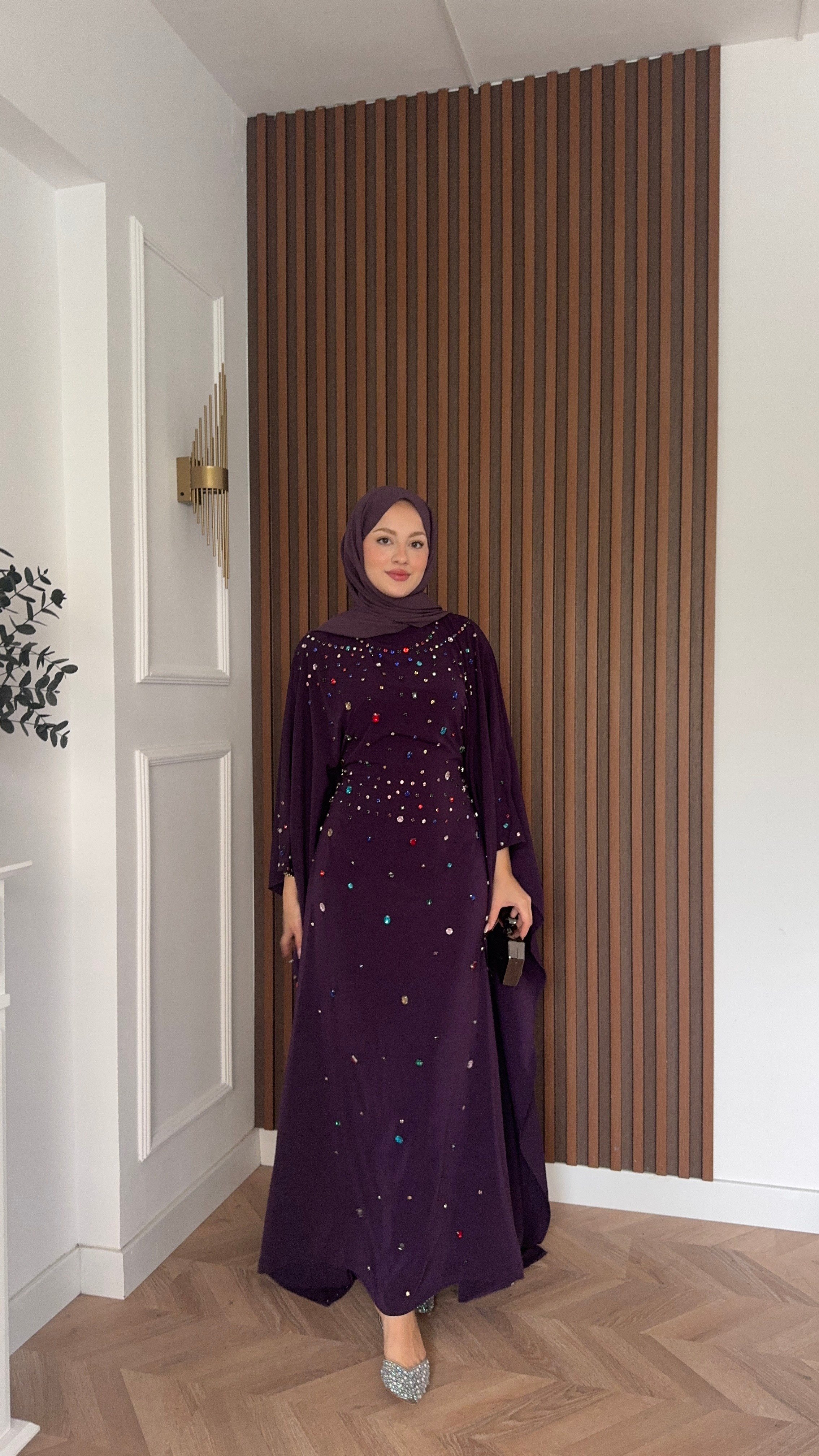 MEYSADESIGN ELBİSELER Tasarım Taşlı Sisi Yarasa Kol Abaya Mor