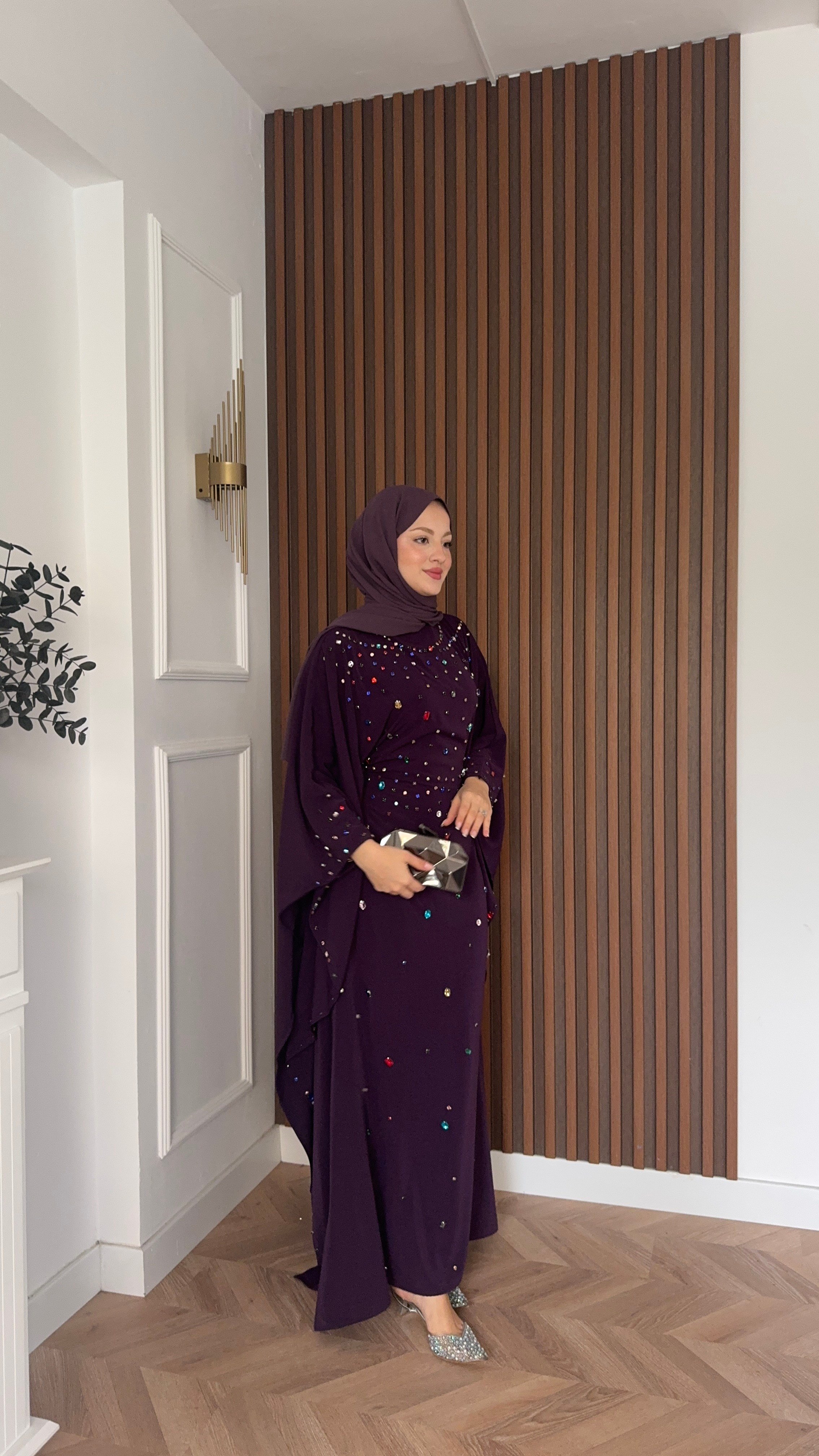 MEYSADESIGN ELBİSELER Tasarım Taşlı Sisi Yarasa Kol Abaya Mor