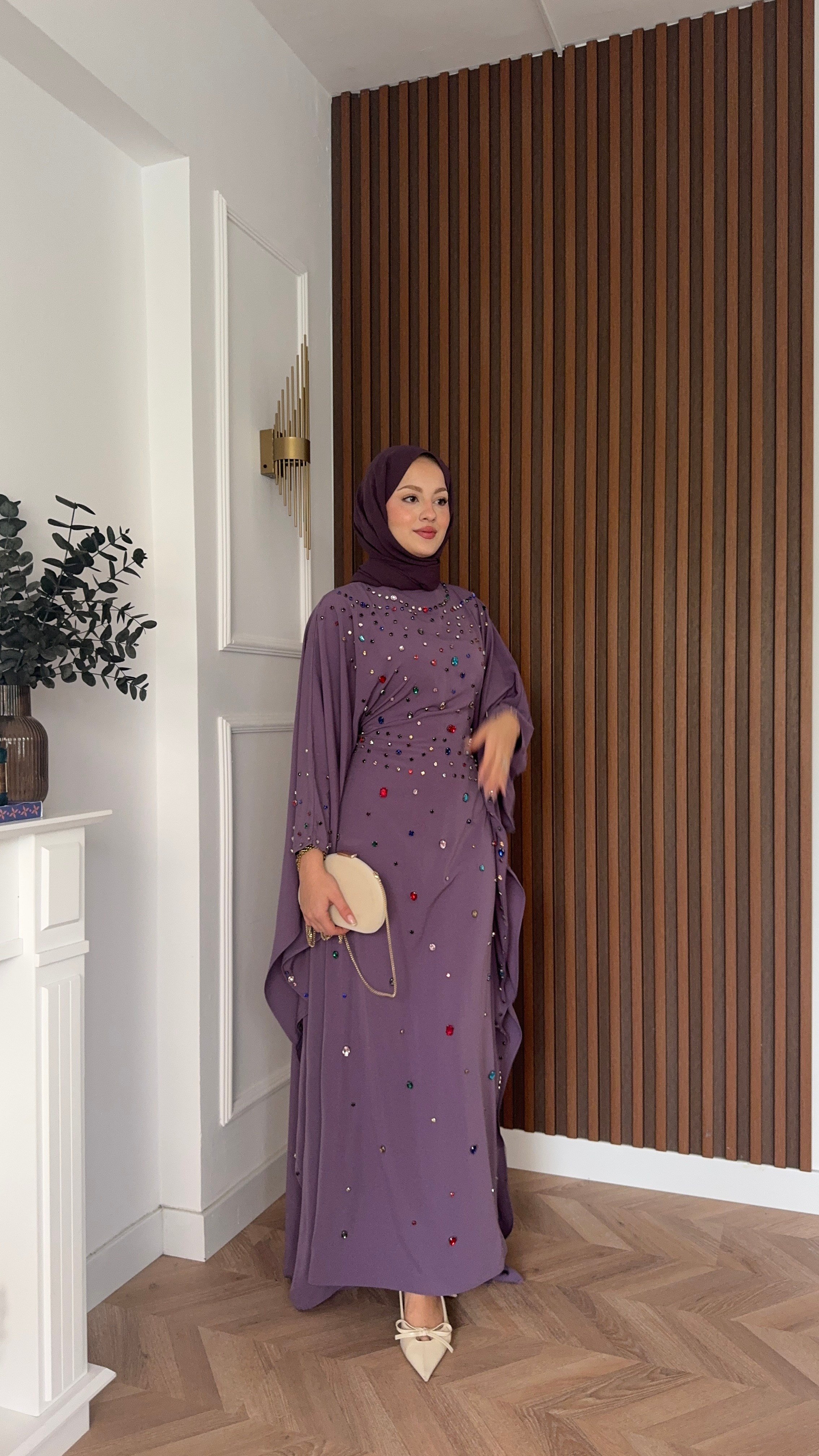 MEYSADESIGN ELBİSELER Tasarım Taşlı Sisi Yarasa Kol Abaya Lila
