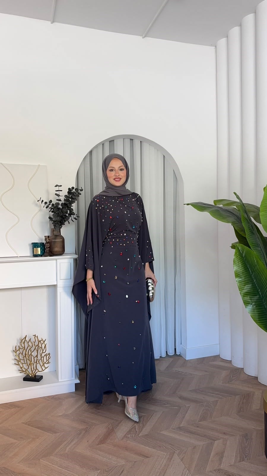 MEYSADESIGN ELBİSELER Tasarım Taşlı Sisi Yarasa Kol Abaya Antrasit
