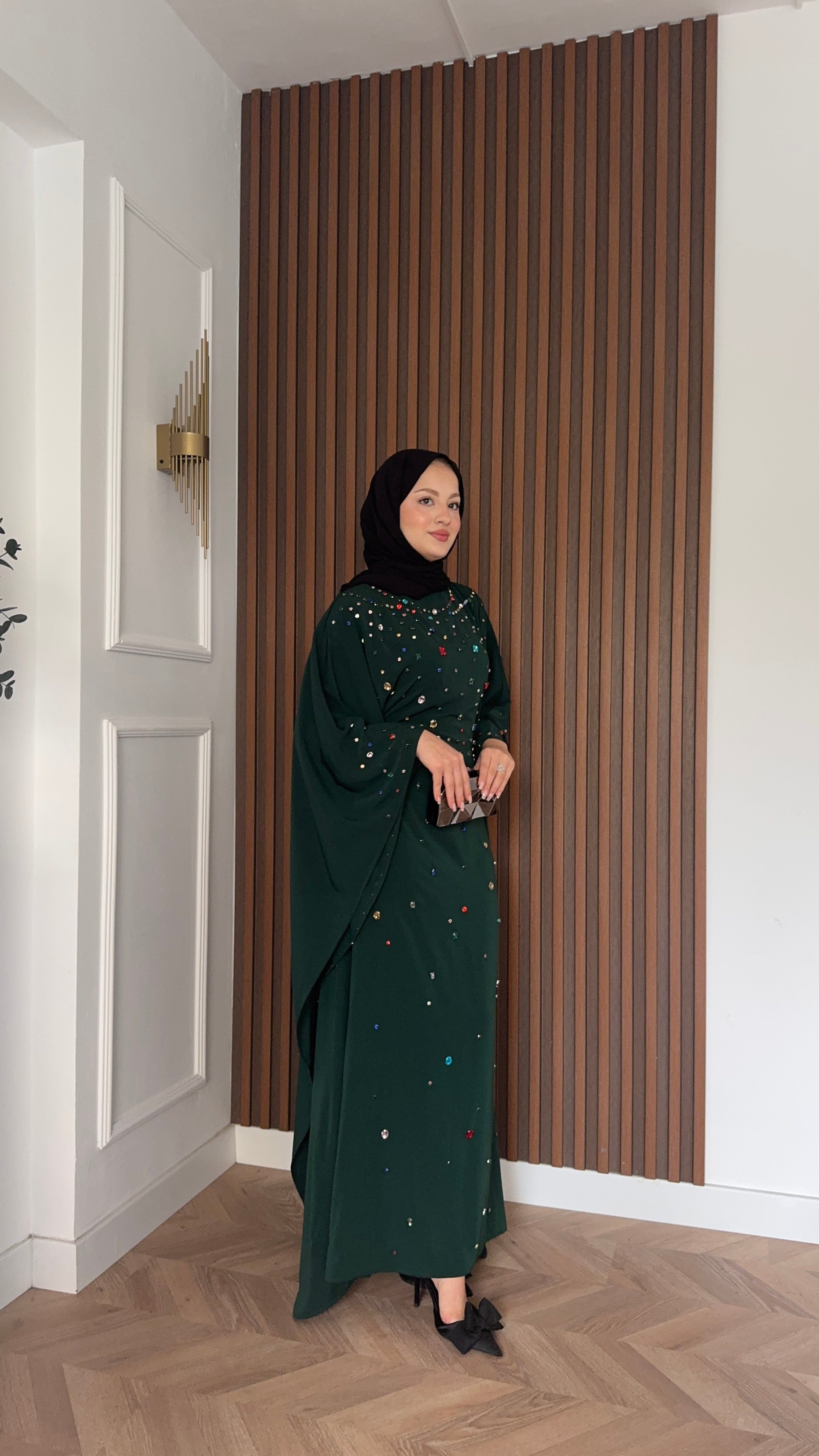 MEYSADESIGN ELBİSELER Tasarım Taşlı Sisi Yarasa Kol Abaya Zümrüt
