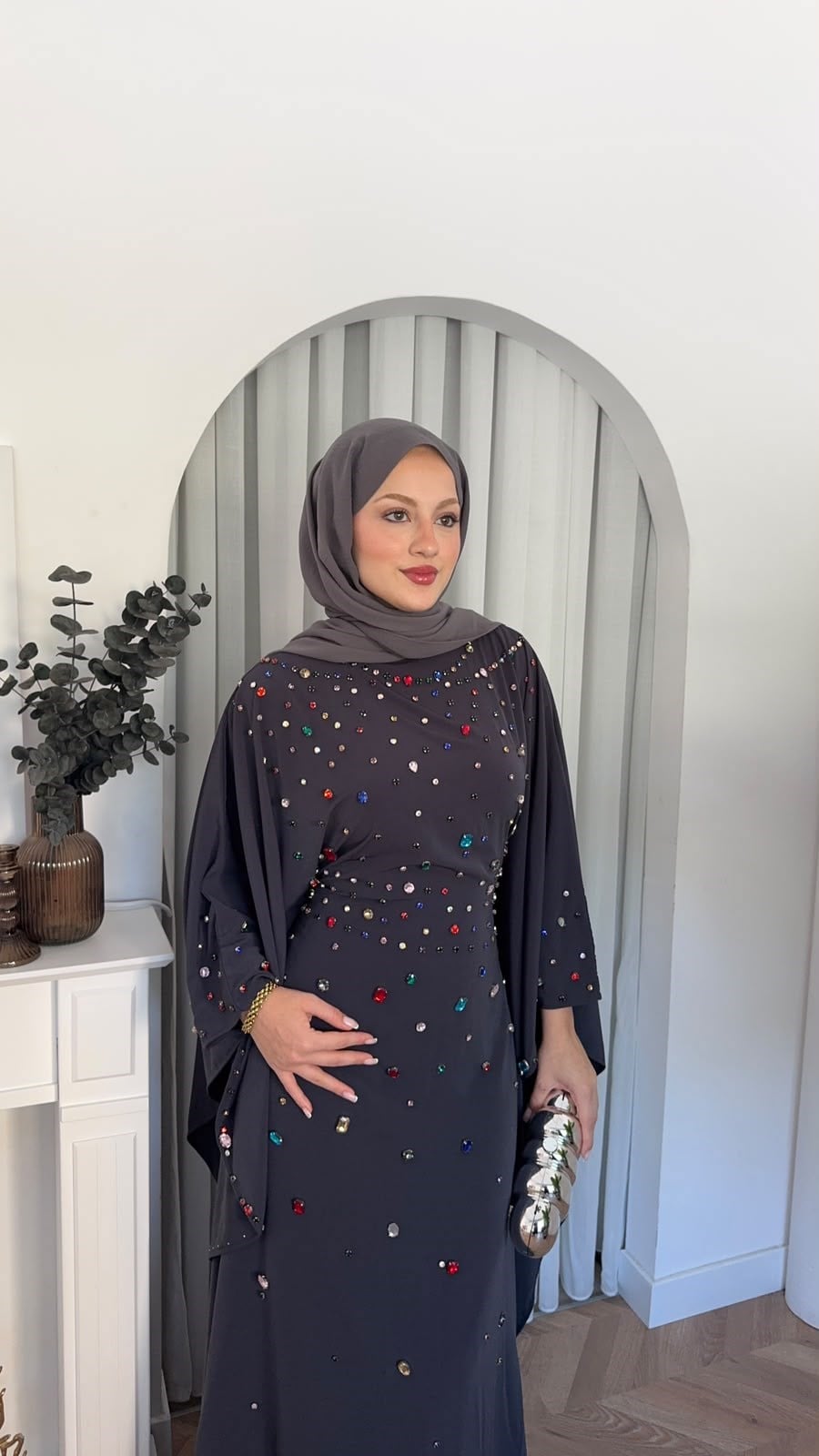 MEYSADESIGN ELBİSELER Tasarım Taşlı Sisi Yarasa Kol Abaya Antrasit