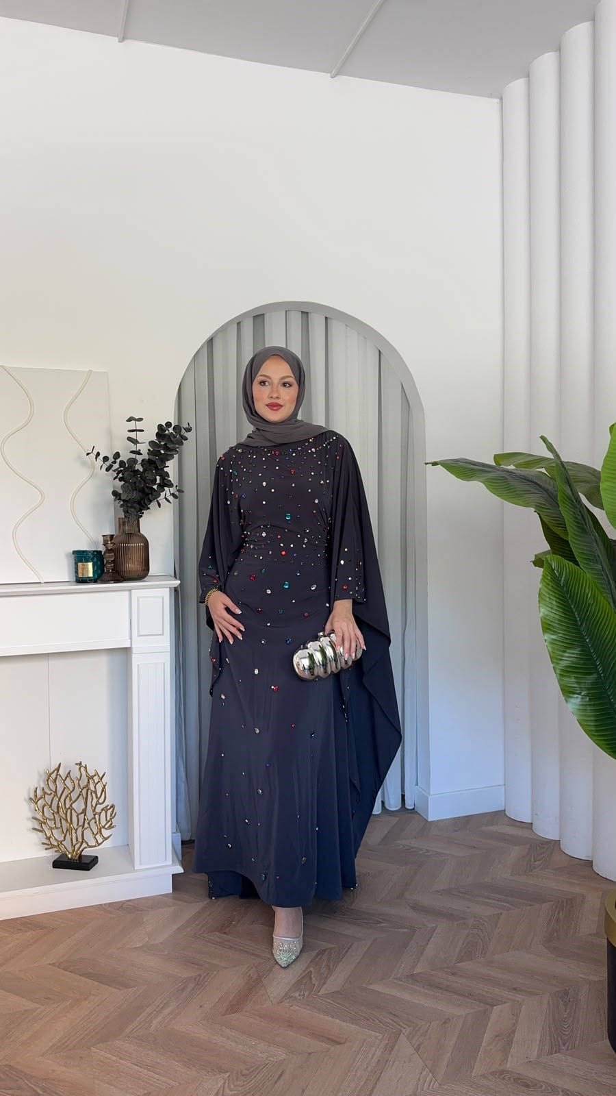 MEYSADESIGN ELBİSELER Tasarım Taşlı Sisi Yarasa Kol Abaya Antrasit