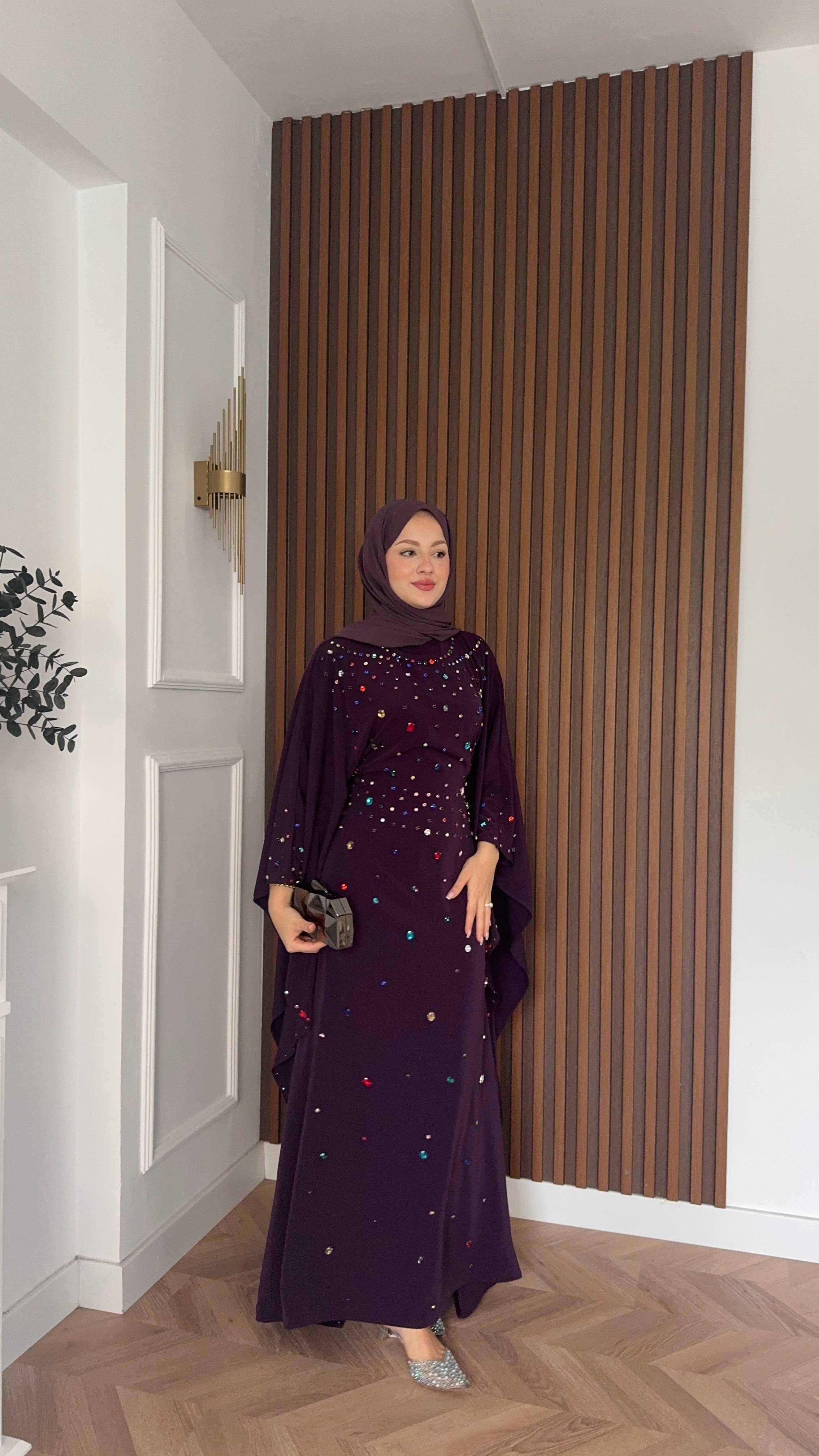 MEYSADESIGN ELBİSELER Tasarım Taşlı Sisi Yarasa Kol Abaya Mor