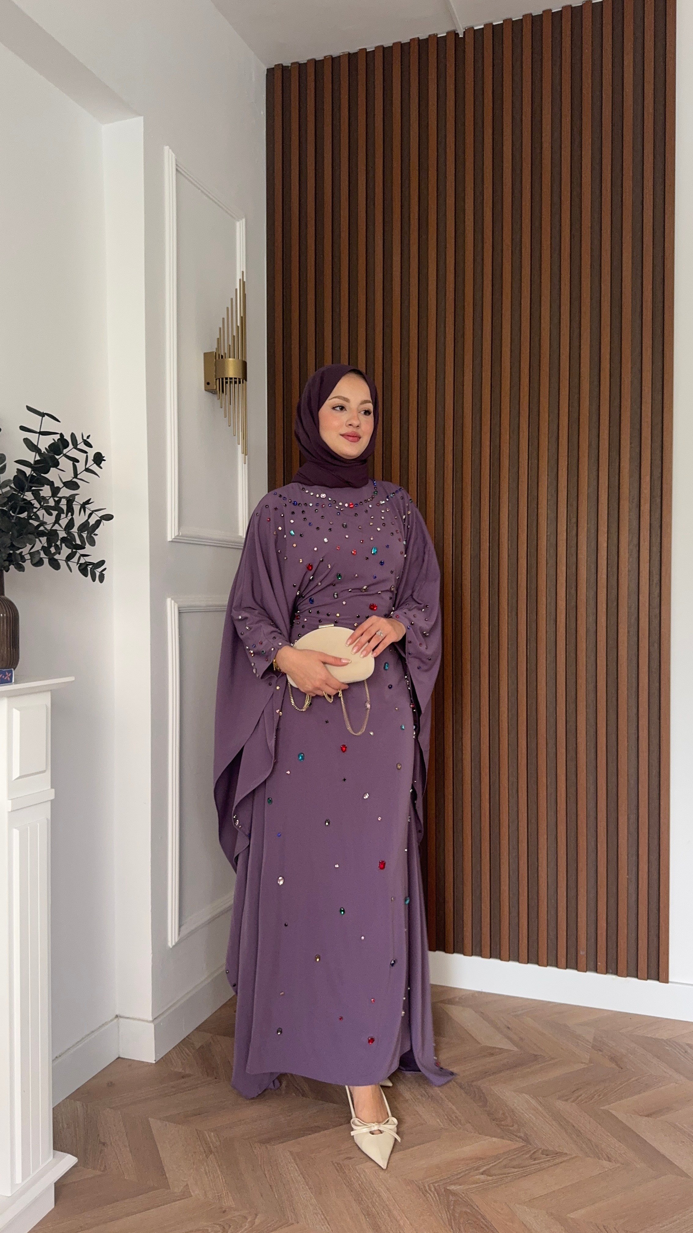 MEYSADESIGN ELBİSELER Tasarım Taşlı Sisi Yarasa Kol Abaya Lila