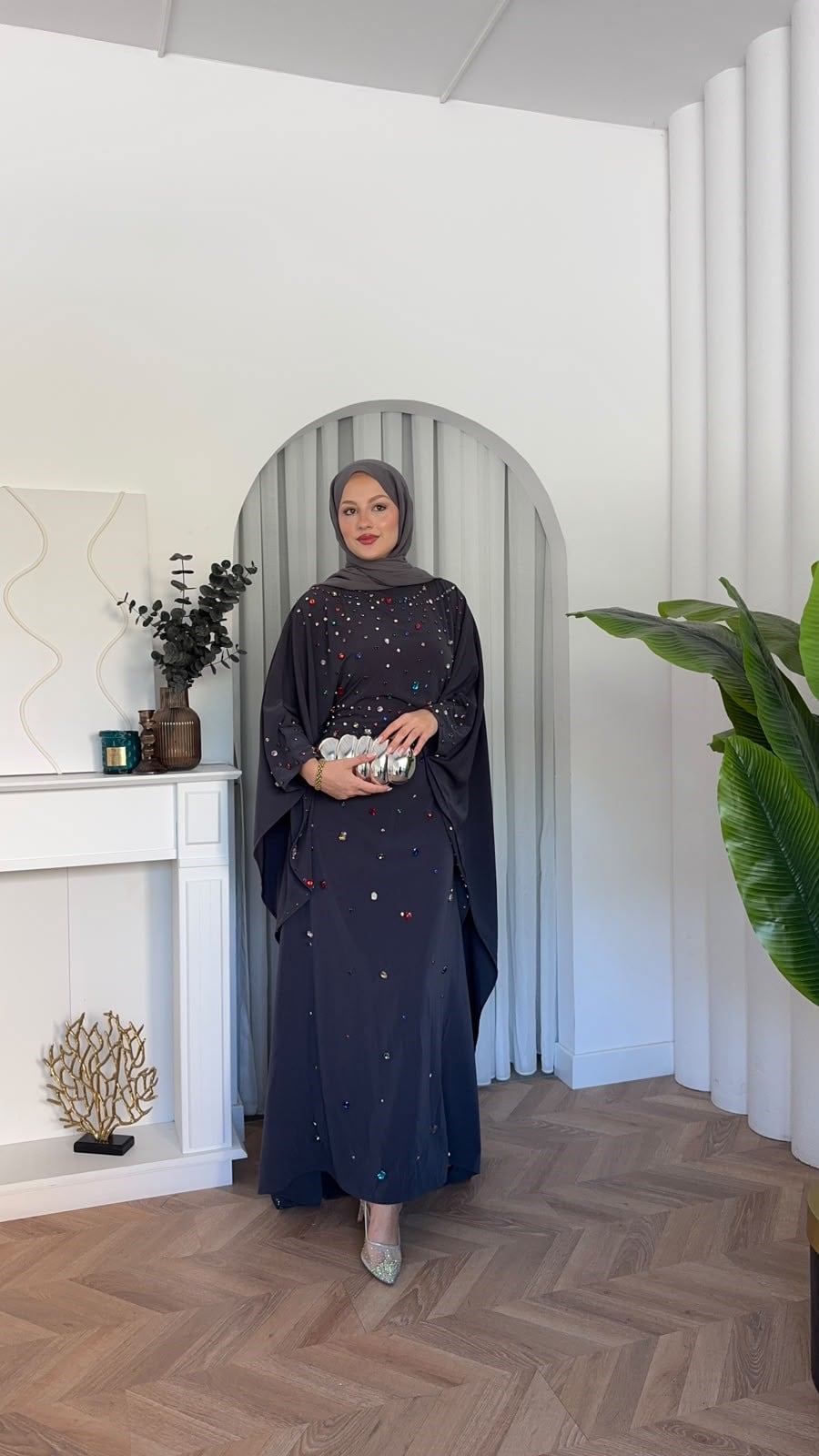 MEYSADESIGN ELBİSELER Tasarım Taşlı Sisi Yarasa Kol Abaya Antrasit