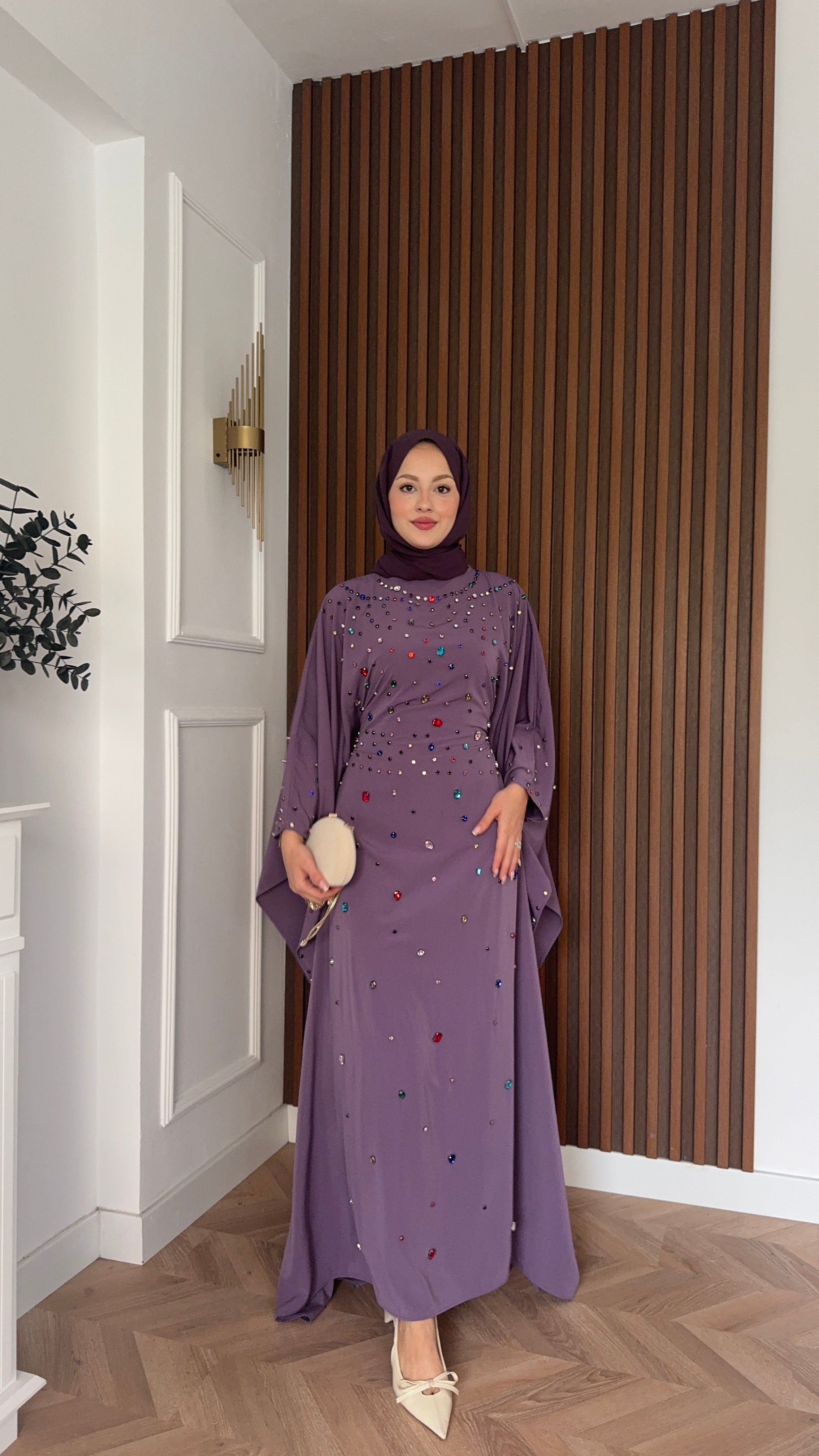 MEYSADESIGN ELBİSELER Tasarım Taşlı Sisi Yarasa Kol Abaya Lila