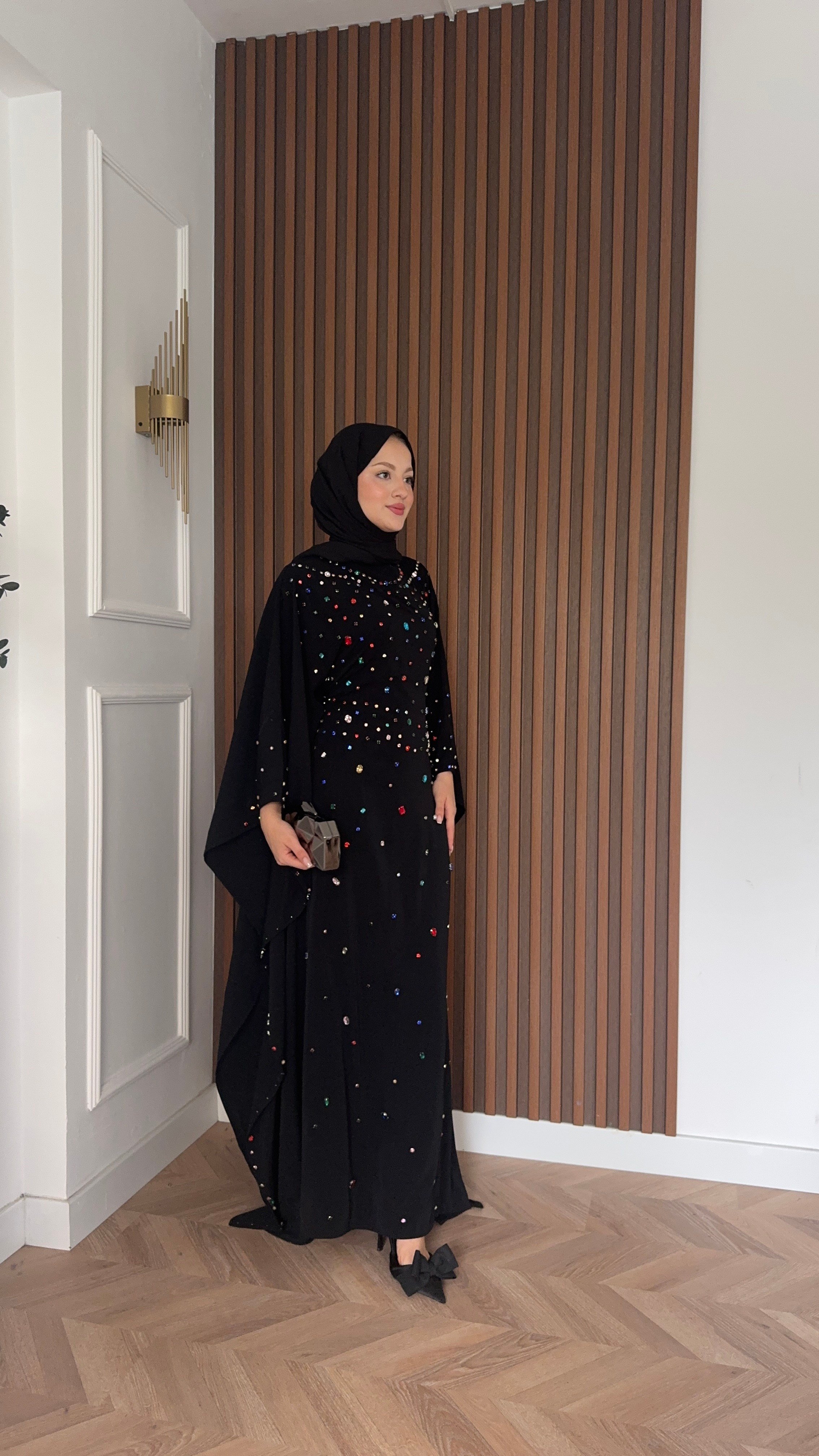 MEYSADESIGN ELBİSELER Tasarım Taşlı Sisi Yarasa Kol Abaya Siyah