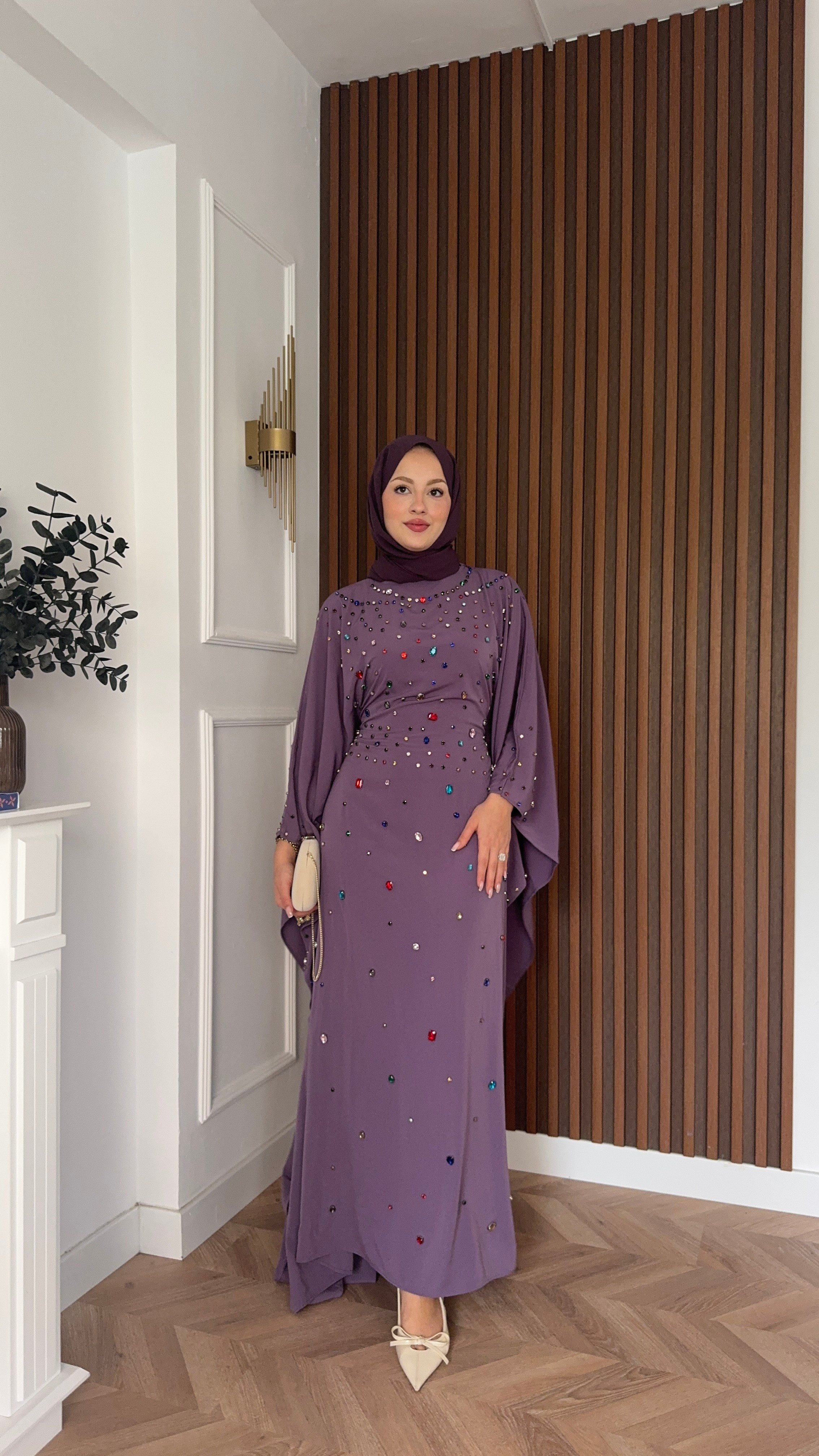 MEYSADESIGN ELBİSELER Tasarım Taşlı Sisi Yarasa Kol Abaya Lila