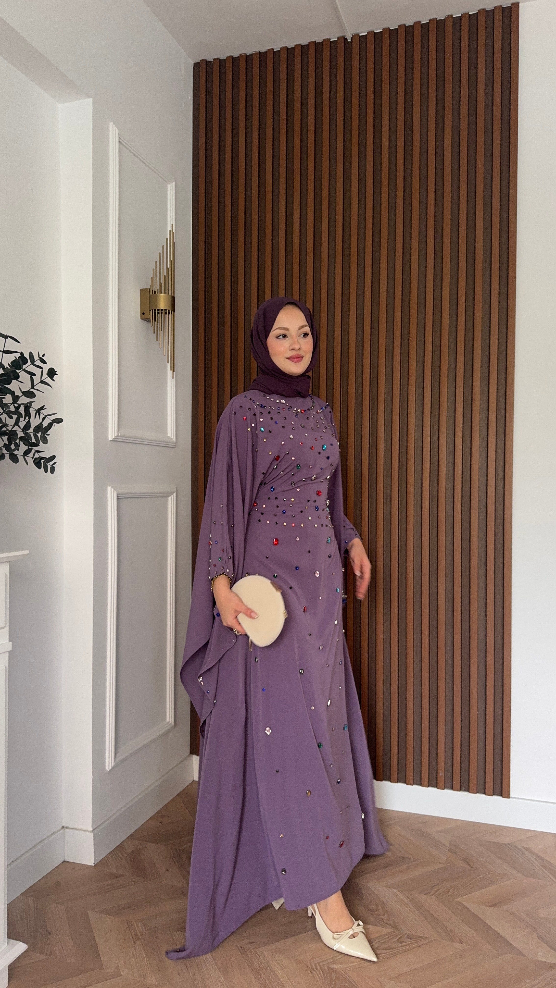 MEYSADESIGN ELBİSELER Tasarım Taşlı Sisi Yarasa Kol Abaya Lila