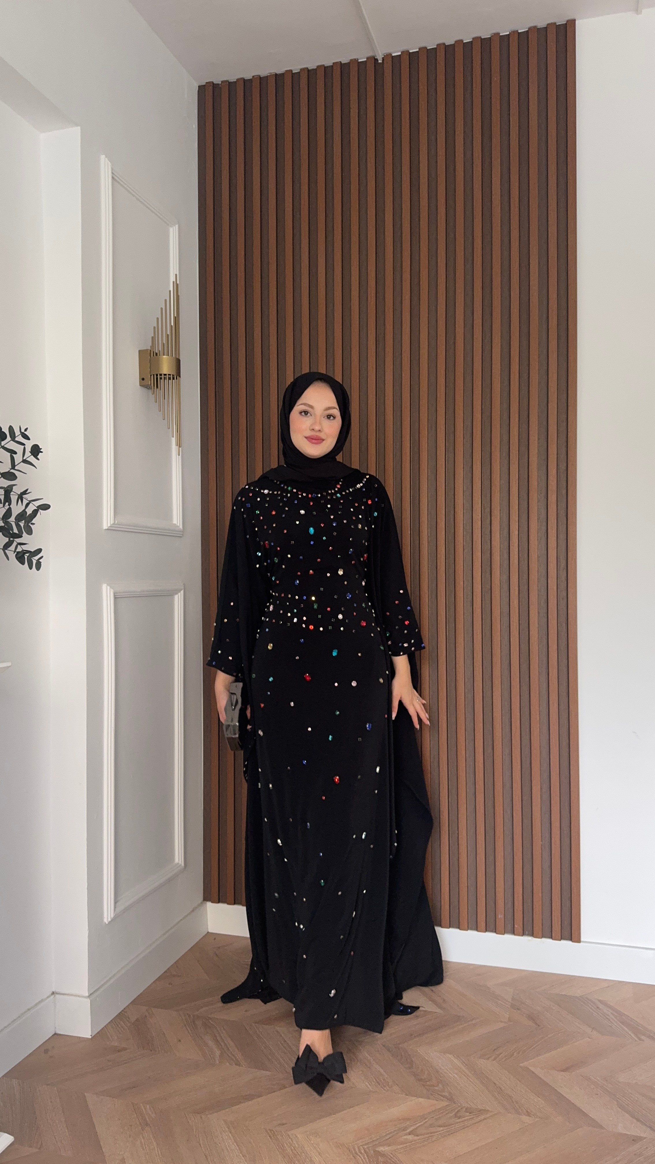 MEYSADESIGN ELBİSELER Tasarım Taşlı Sisi Yarasa Kol Abaya Siyah