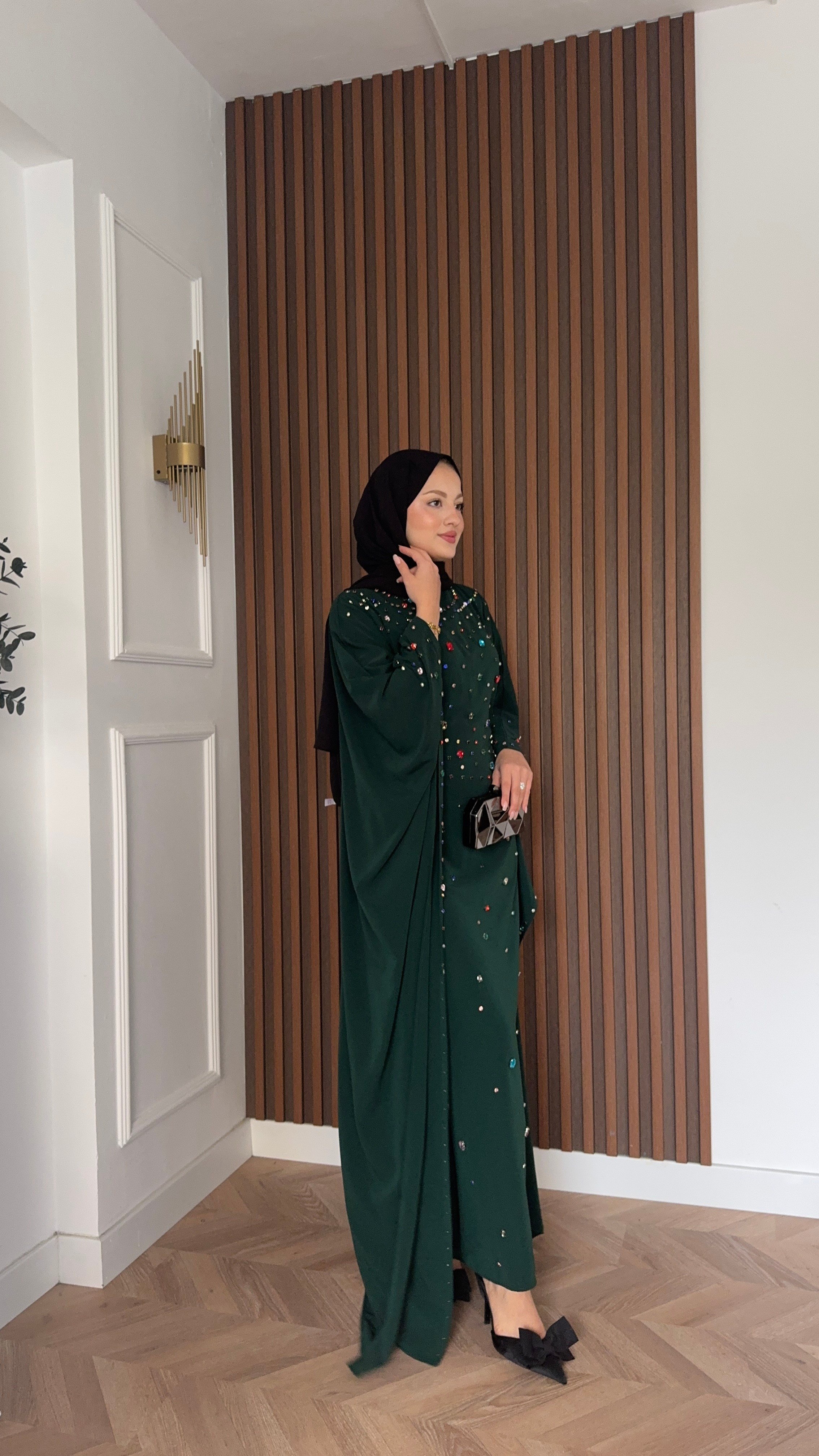 MEYSADESIGN ELBİSELER Tasarım Taşlı Sisi Yarasa Kol Abaya Zümrüt