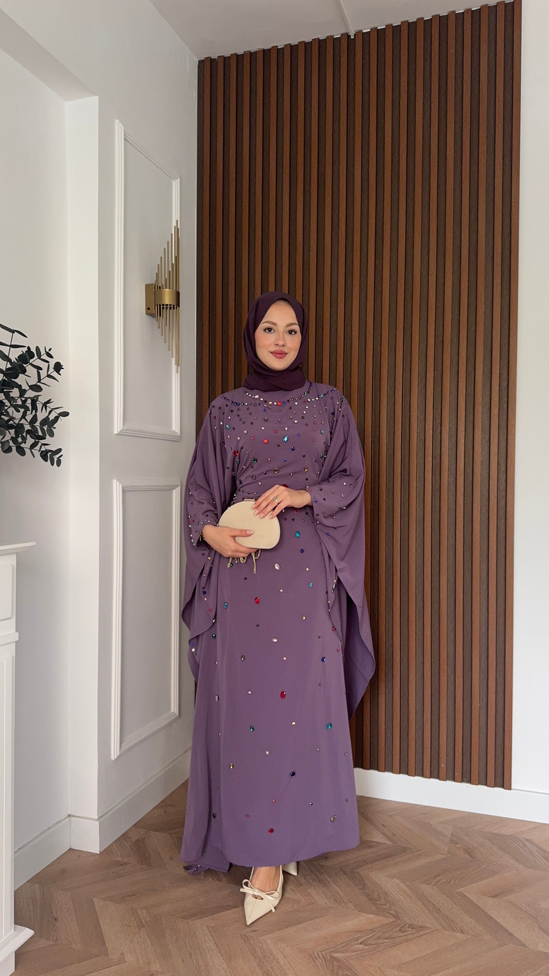 MEYSADESIGN ELBİSELER Tasarım Taşlı Sisi Yarasa Kol Abaya Lila