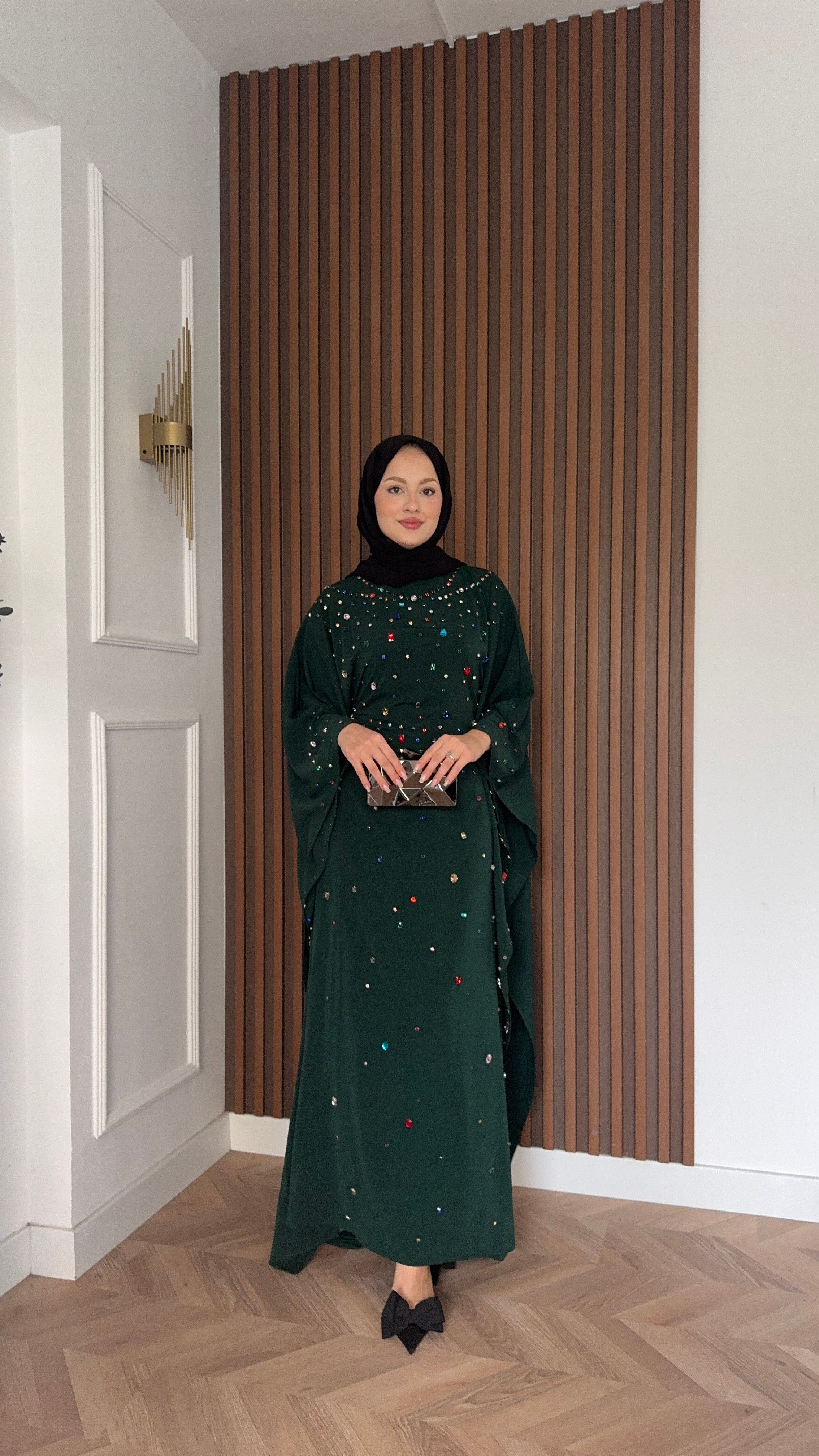 MEYSADESIGN ELBİSELER Tasarım Taşlı Sisi Yarasa Kol Abaya Zümrüt