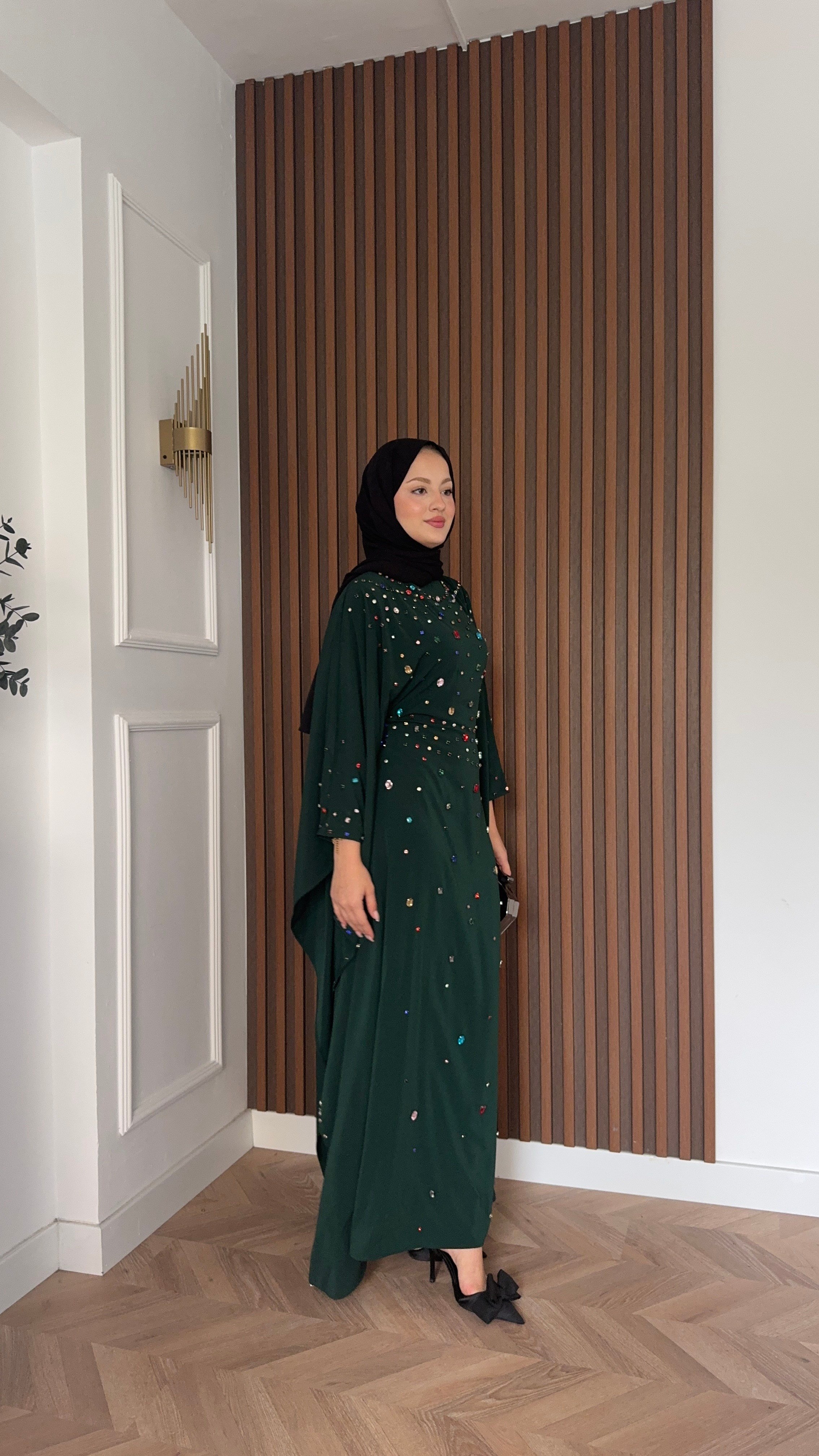 MEYSADESIGN ELBİSELER Tasarım Taşlı Sisi Yarasa Kol Abaya Zümrüt