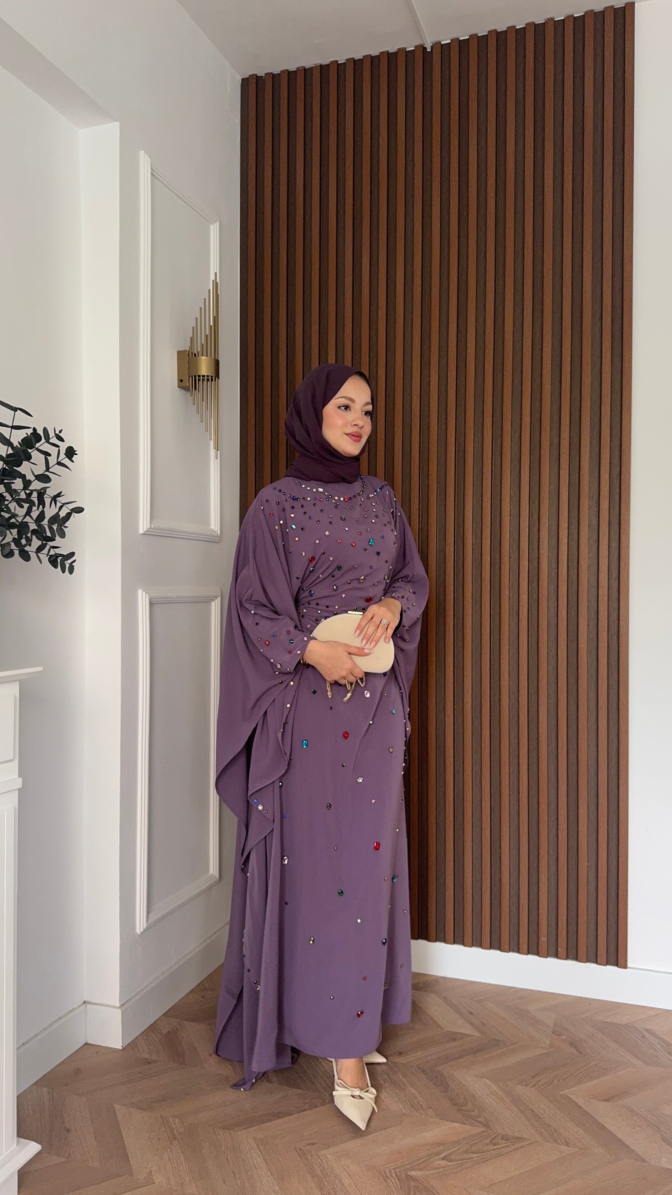 MEYSADESIGN ELBİSELER Tasarım Taşlı Sisi Yarasa Kol Abaya Lila