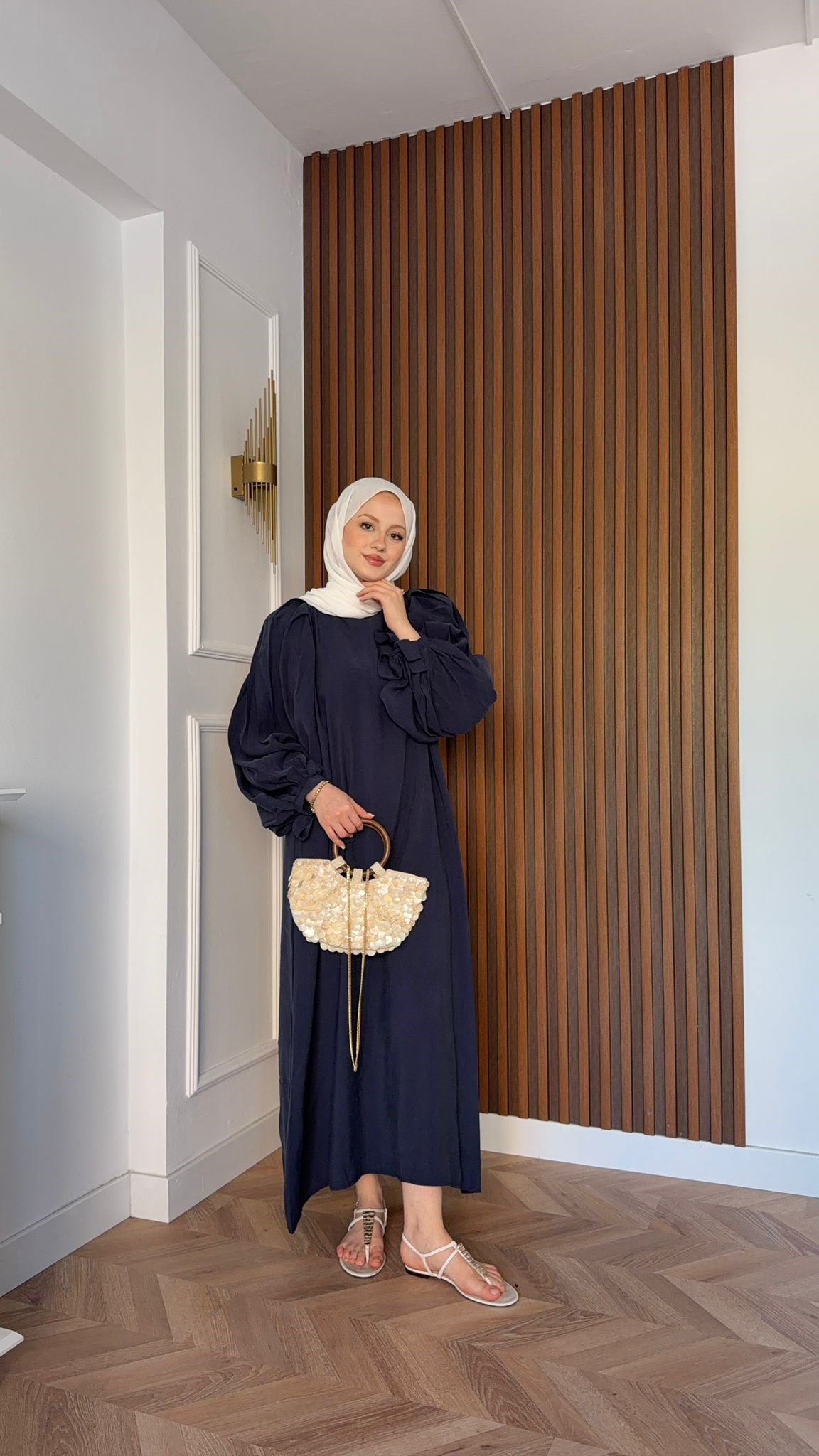 MEYSADESIGN ELBİSELER Zincir Kemerli Balon Kol Tensel Elbise Lacivert