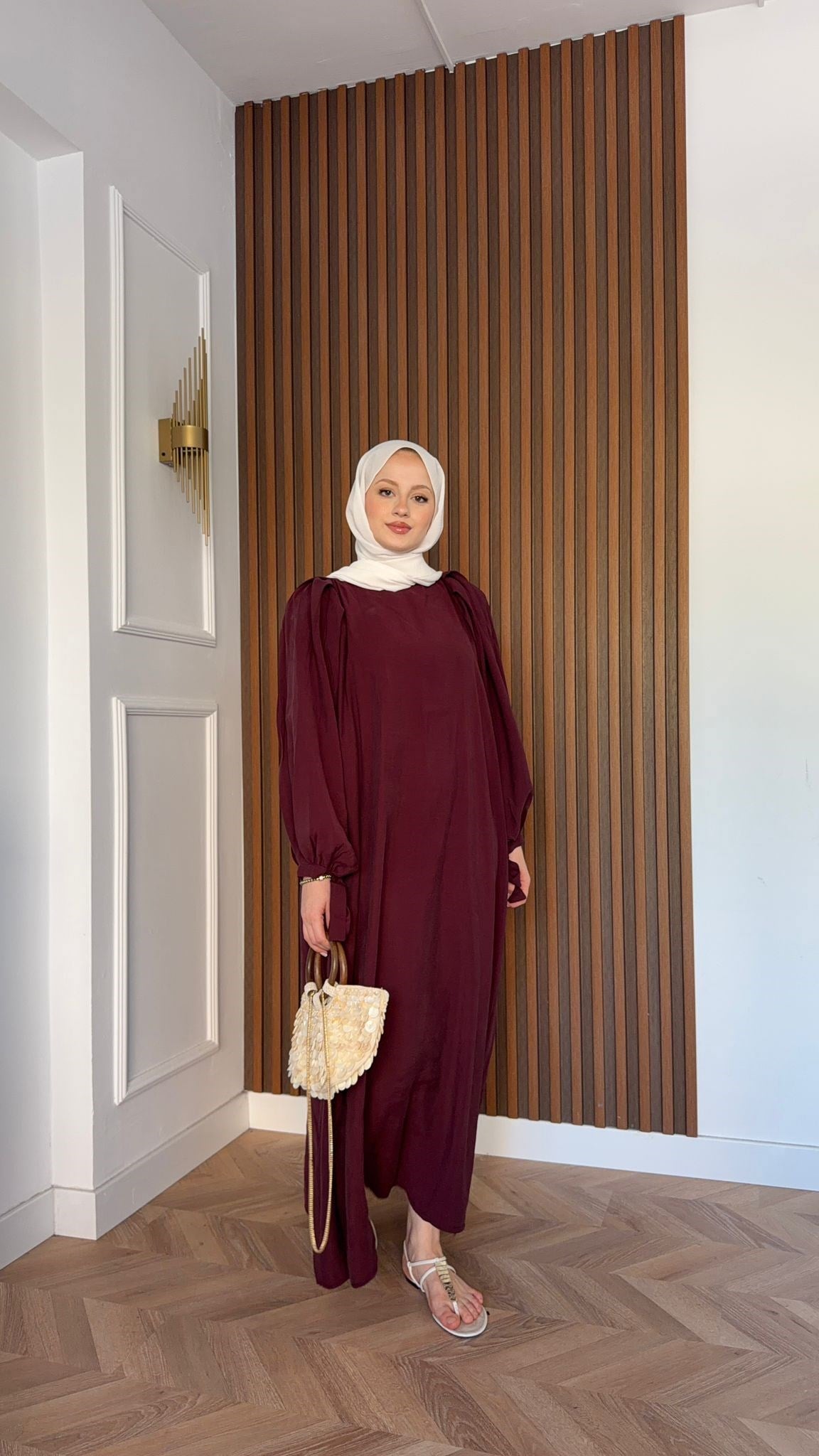 MEYSADESIGN ELBİSELER Zincir Kemerli Balon Kol Tensel Elbise Bordo