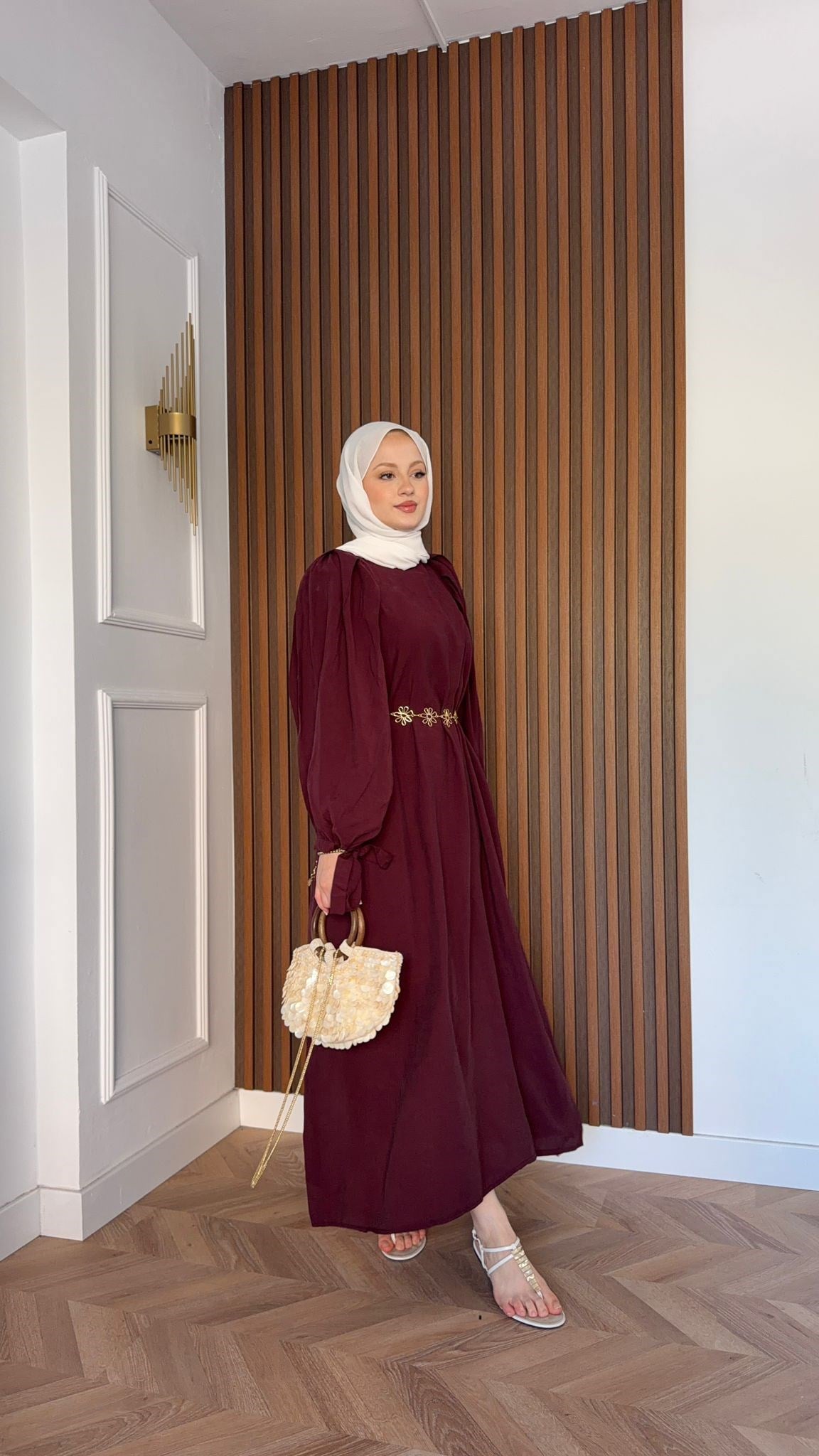 MEYSADESIGN ELBİSELER Zincir Kemerli Balon Kol Tensel Elbise Bordo