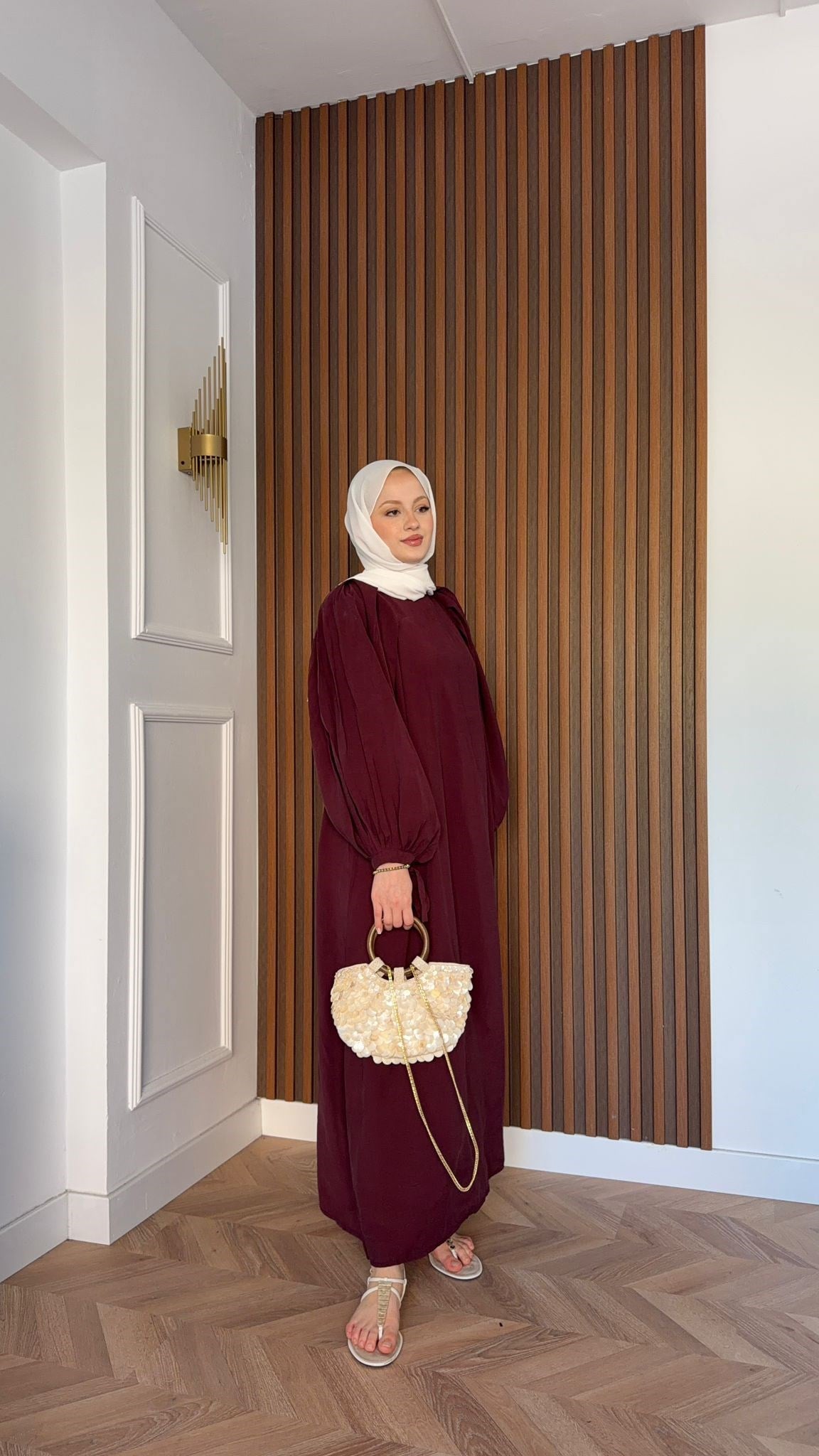 MEYSADESIGN ELBİSELER Zincir Kemerli Balon Kol Tensel Elbise Bordo