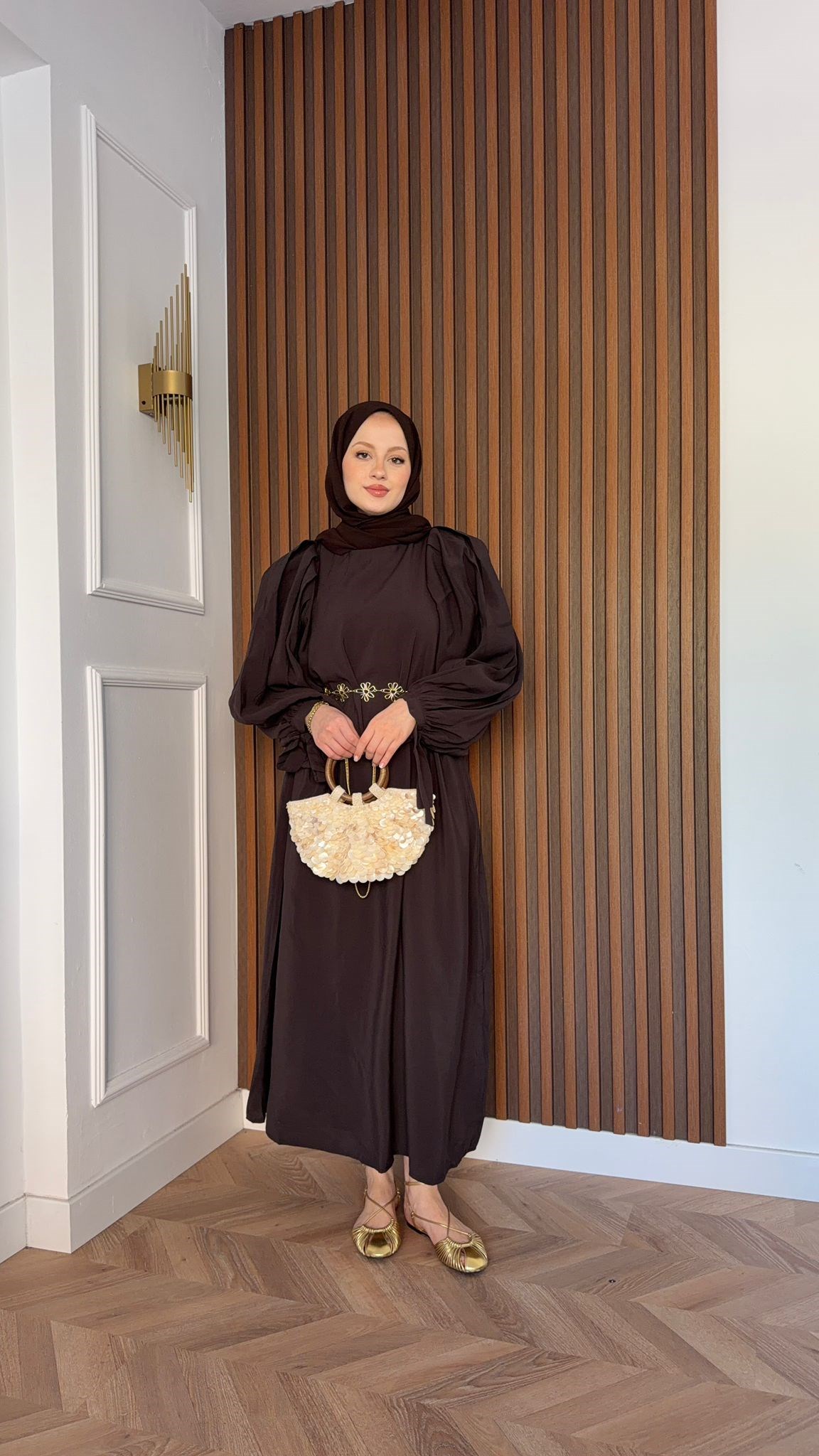 MEYSADESIGN ELBİSELER Zincir Kemerli Balon Kol Tensel Elbise Acı Kahve