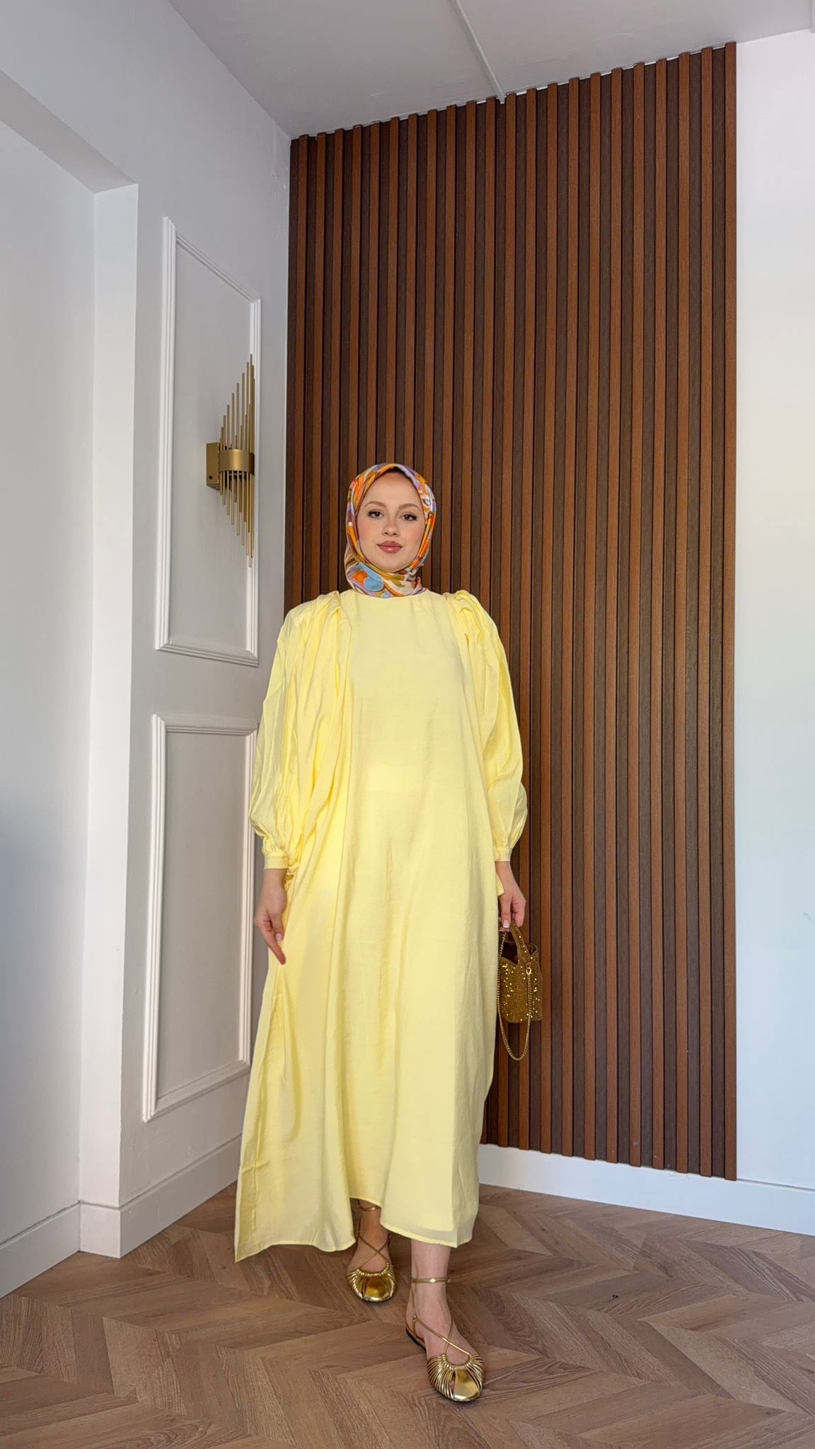 MEYSADESIGN ELBİSELER Zincir Kemerli Balon Kol Tensel Elbise Sarı