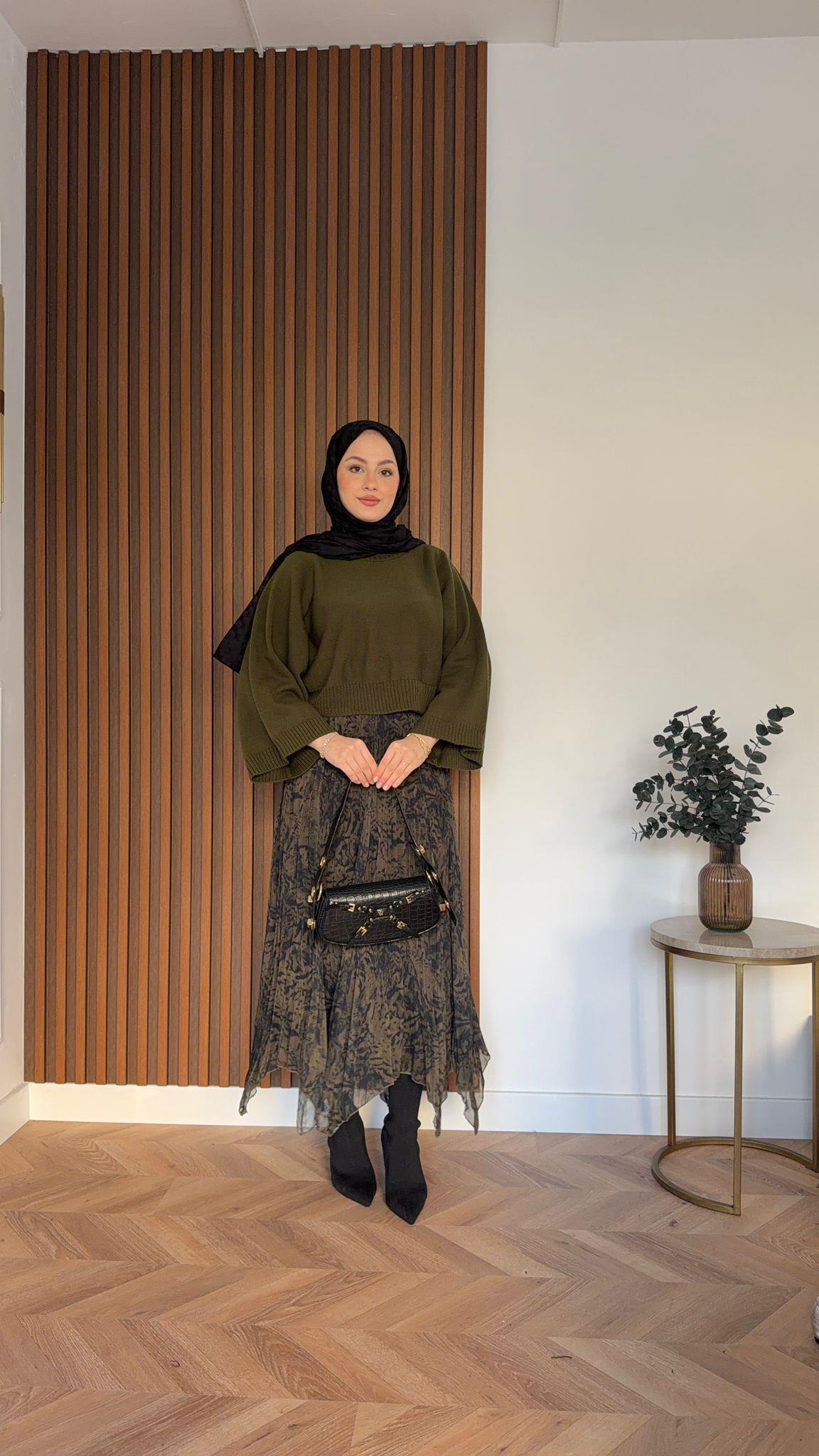 MEYSADESIGN ETEK Ekose Şifon Asimetrik Etek Haki