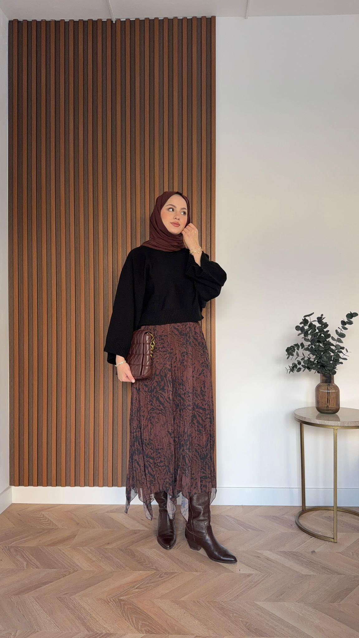 MEYSADESIGN ETEK Ekose Şifon Asimetrik Etek Siyah