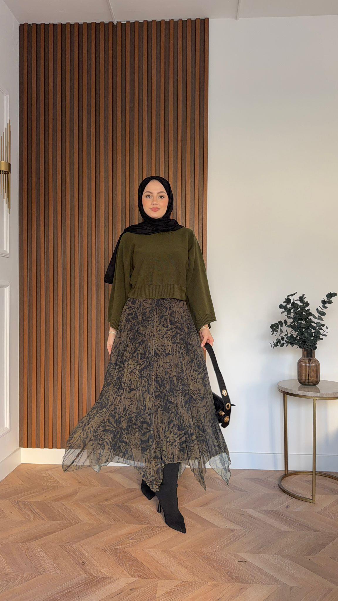MEYSADESIGN ETEK Ekose Şifon Asimetrik Etek Haki