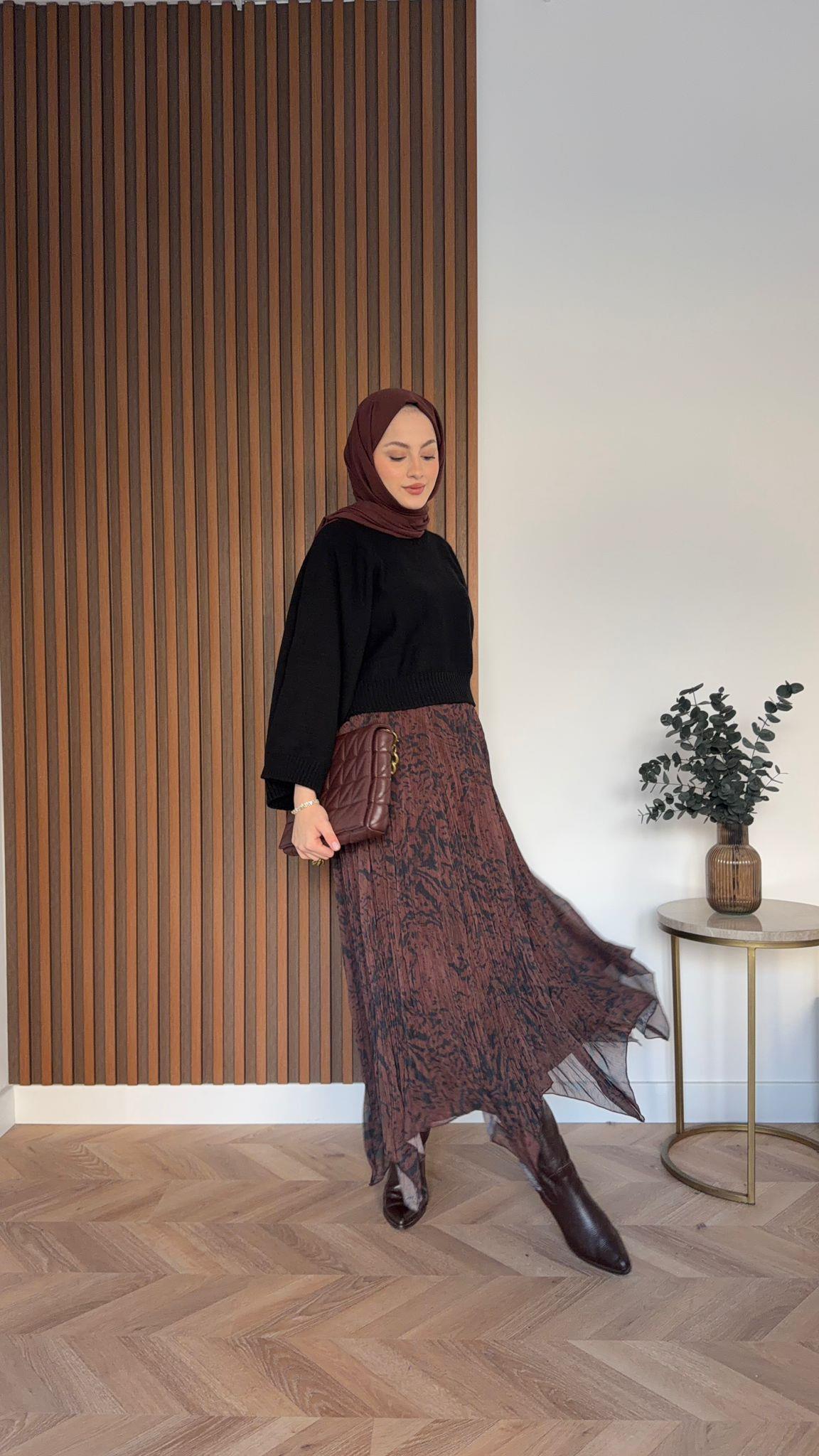 MEYSADESIGN ETEK Ekose Şifon Asimetrik Etek Siyah