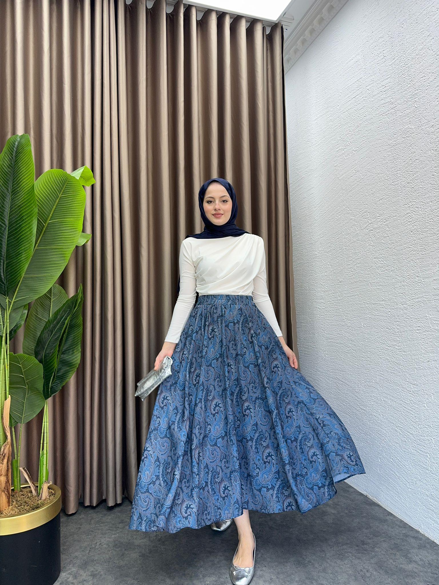 MEYSADESIGN ETEK Etnik Desen Şifon Etek Mavi