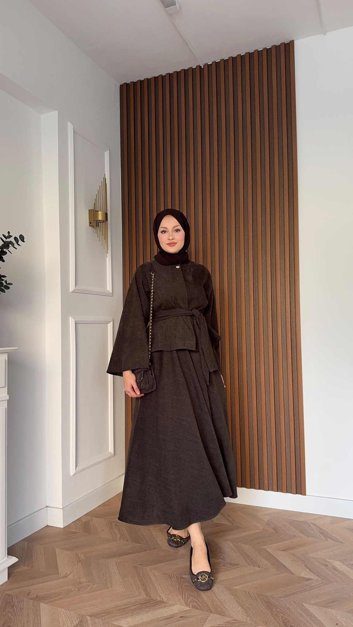MEYSADESIGN ETEK TAKIM Bağlamalı Tek Düğmeli Etekli Takım Kahve