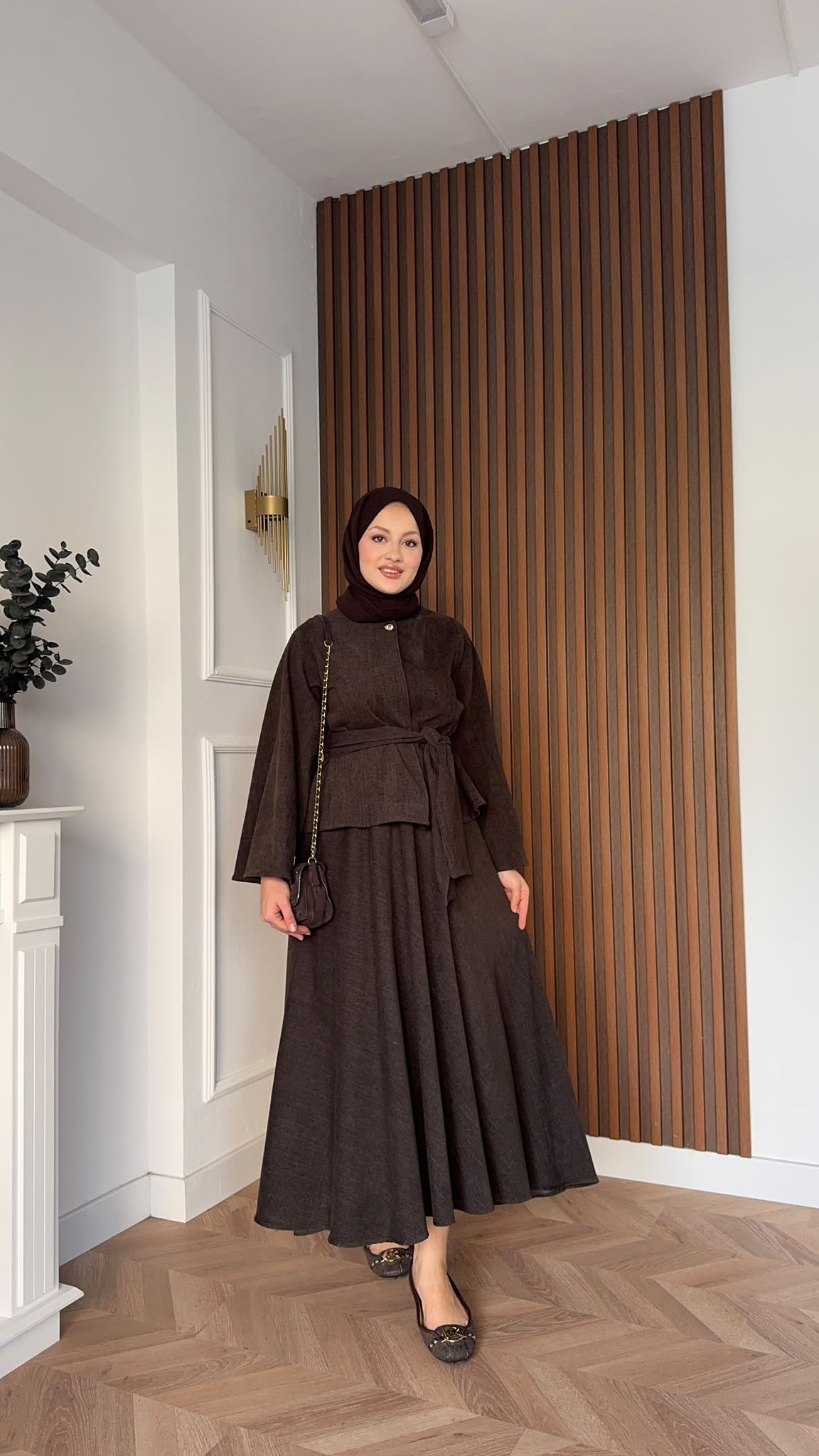 MEYSADESIGN ETEK TAKIM Bağlamalı Tek Düğmeli Etekli Takım Kahve