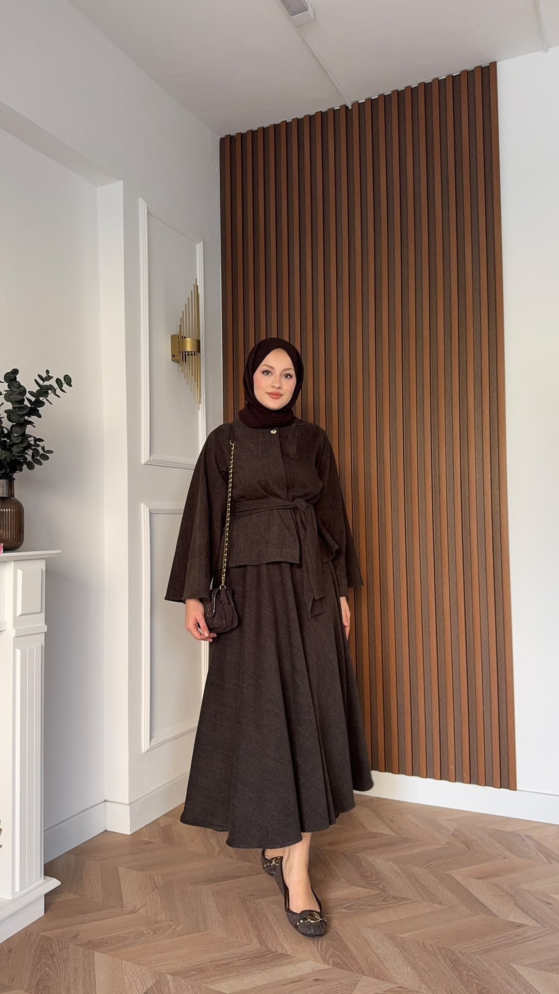 MEYSADESIGN ETEK TAKIM Bağlamalı Tek Düğmeli Etekli Takım Kahve
