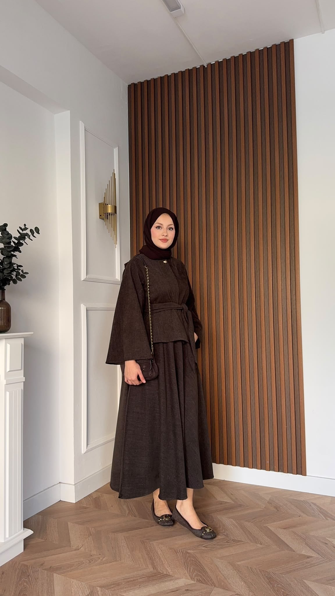 MEYSADESIGN ETEK TAKIM Bağlamalı Tek Düğmeli Etekli Takım Kahve