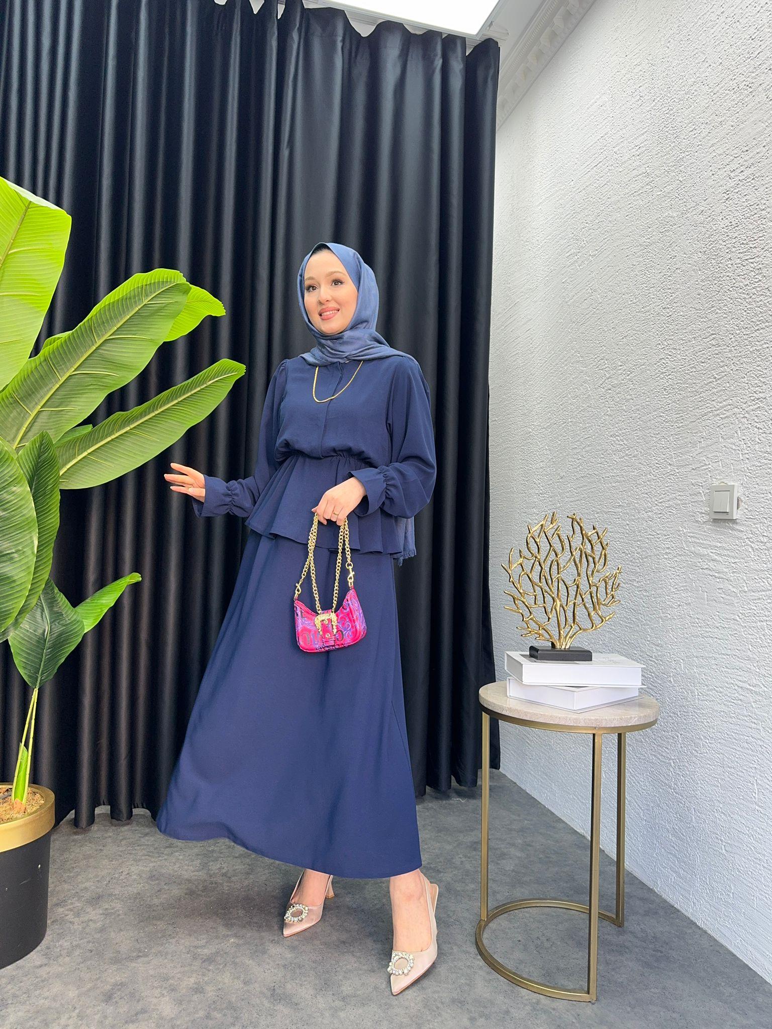 MEYSADESIGN ETEK TAKIM Belden Büzgülü Krep Etekli Takım Lacivert