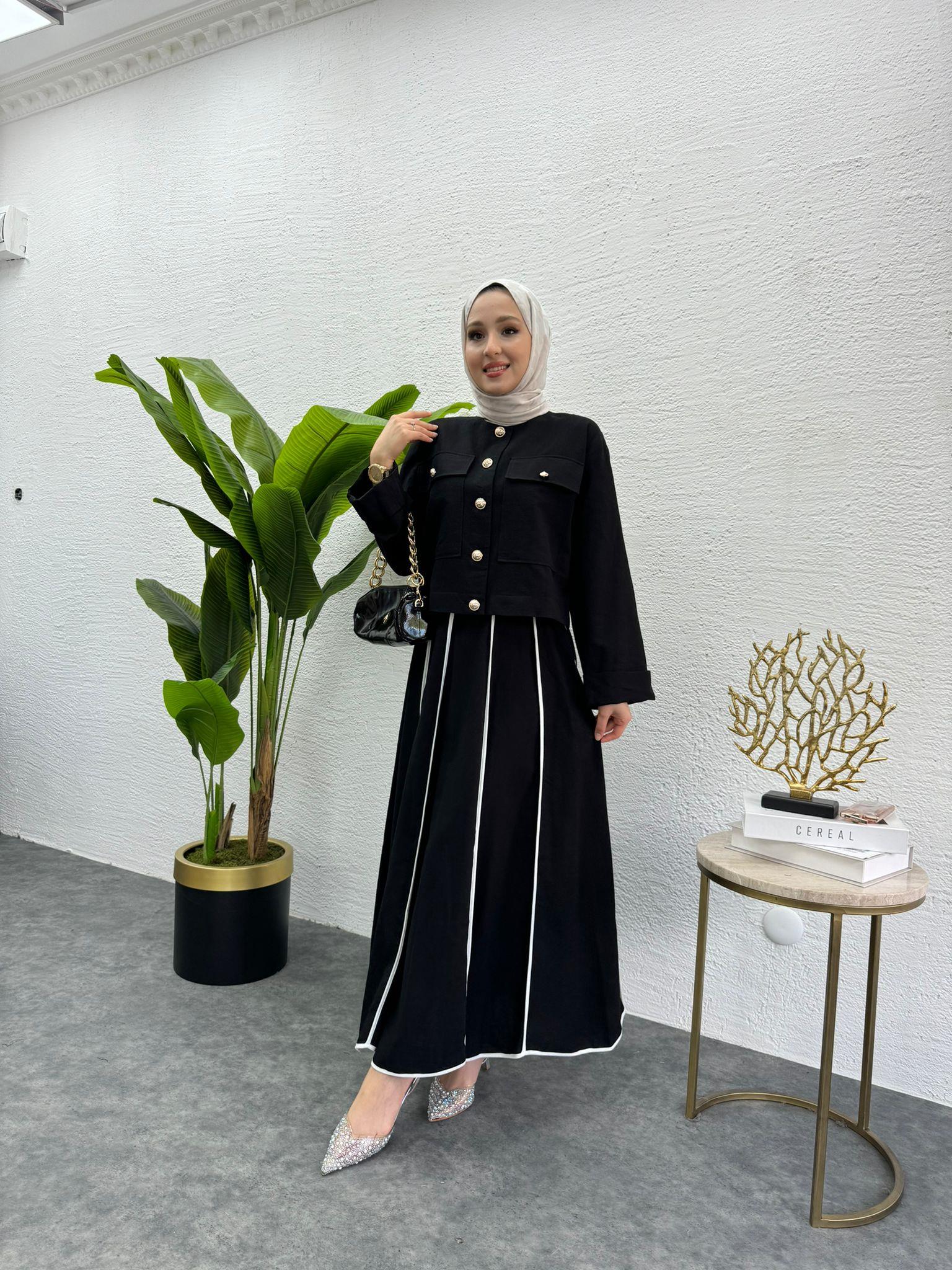 MEYSADESIGN ETEK TAKIM Biye Detaylı Keten Etekli Takım Siyah