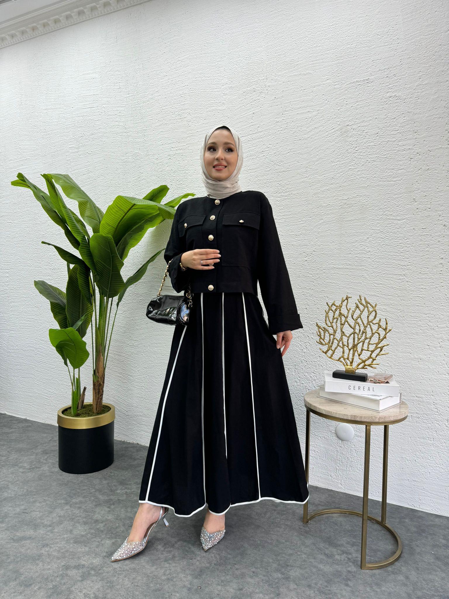 MEYSADESIGN ETEK TAKIM Biye Detaylı Keten Etekli Takım Siyah
