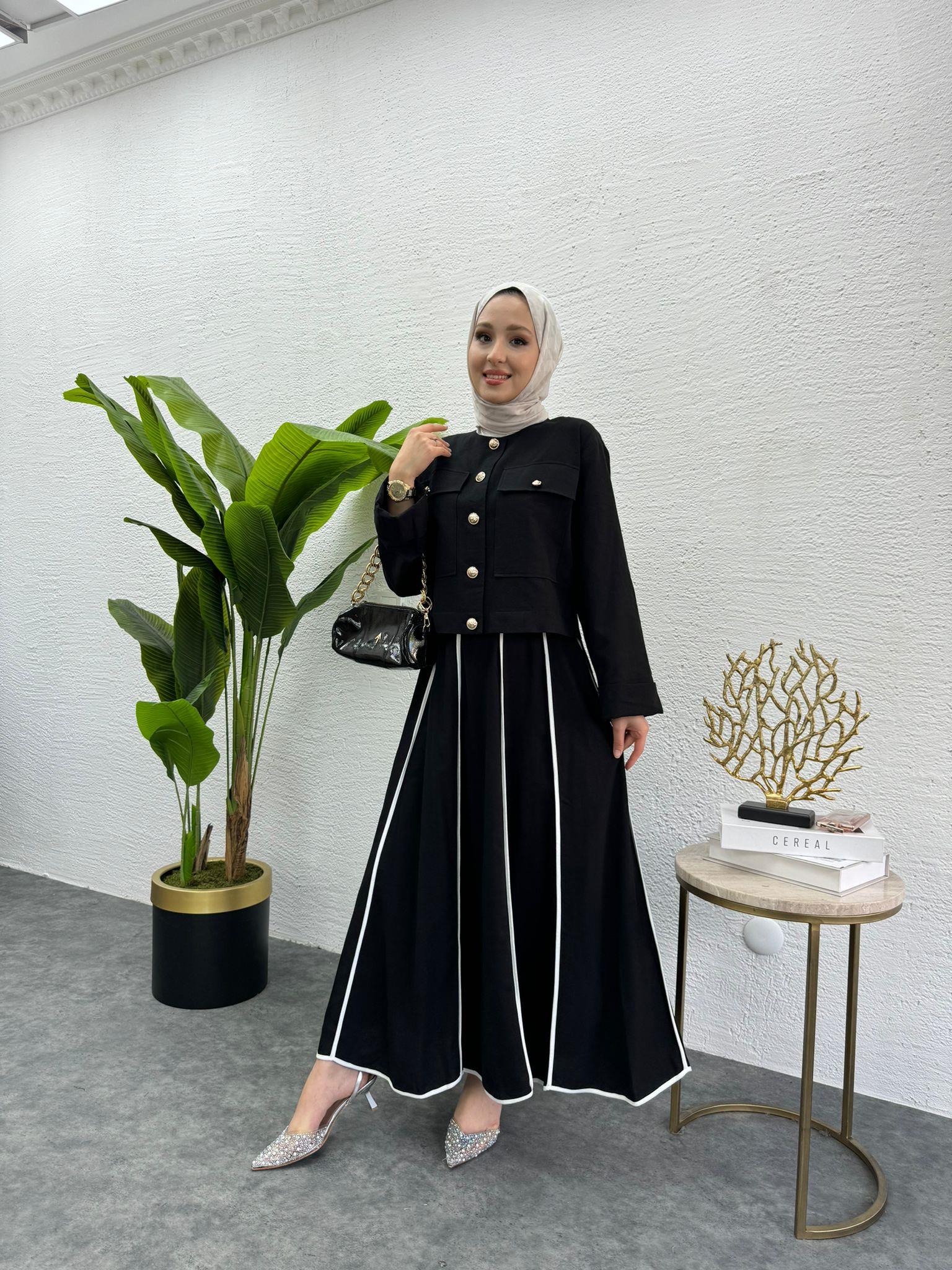 MEYSADESIGN ETEK TAKIM Biye Detaylı Keten Etekli Takım Siyah