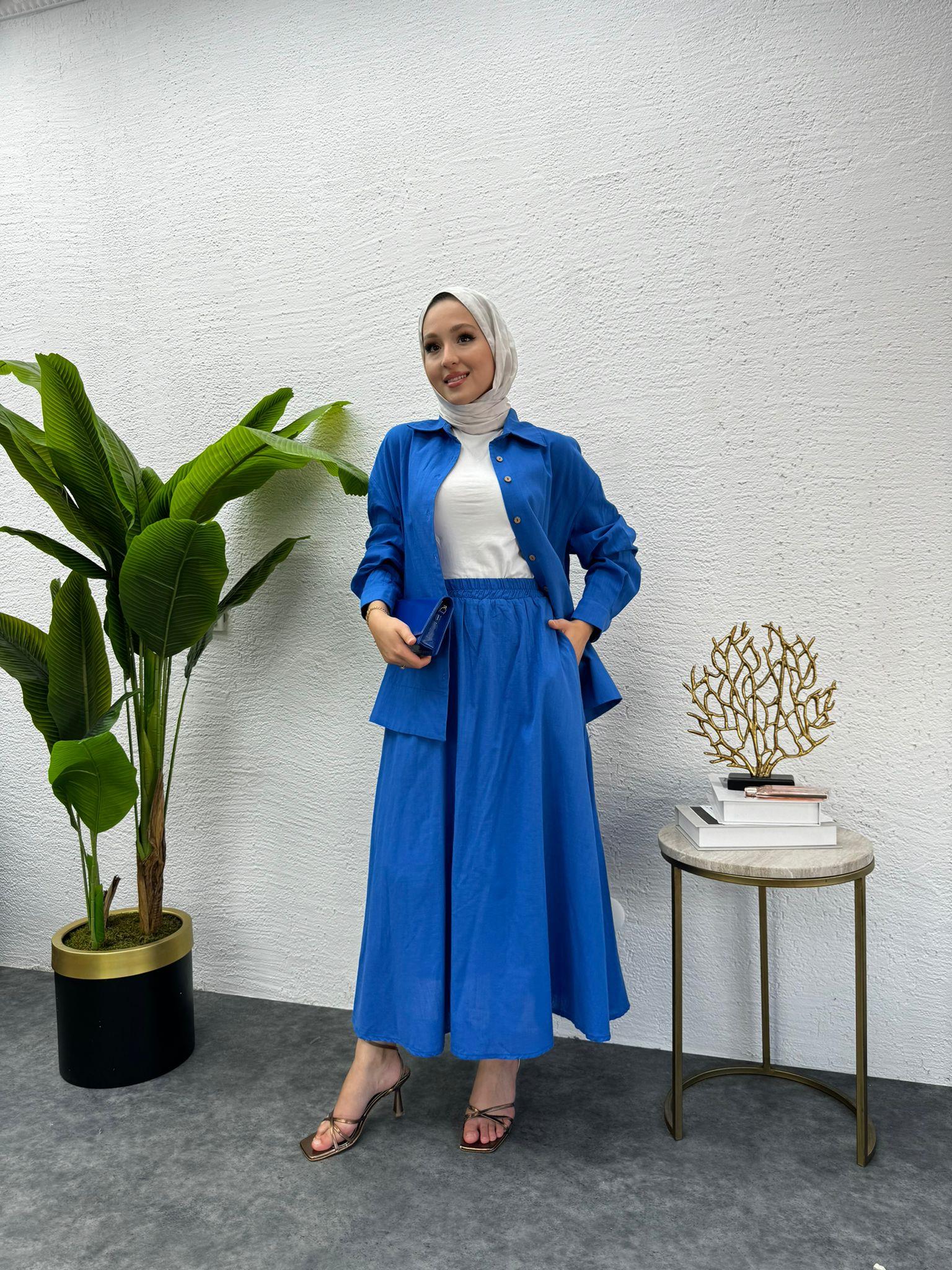 MEYSADESIGN ETEK TAKIM Düğmeli Keten Etekli Takım Saks