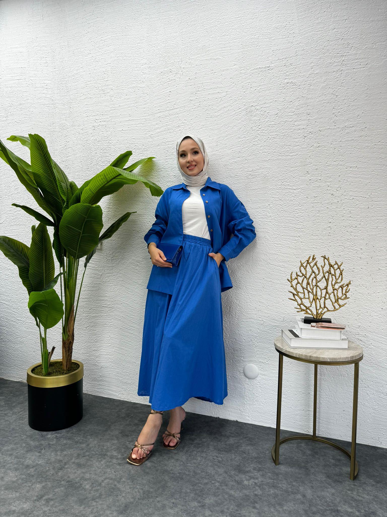 MEYSADESIGN ETEK TAKIM Düğmeli Keten Etekli Takım Saks