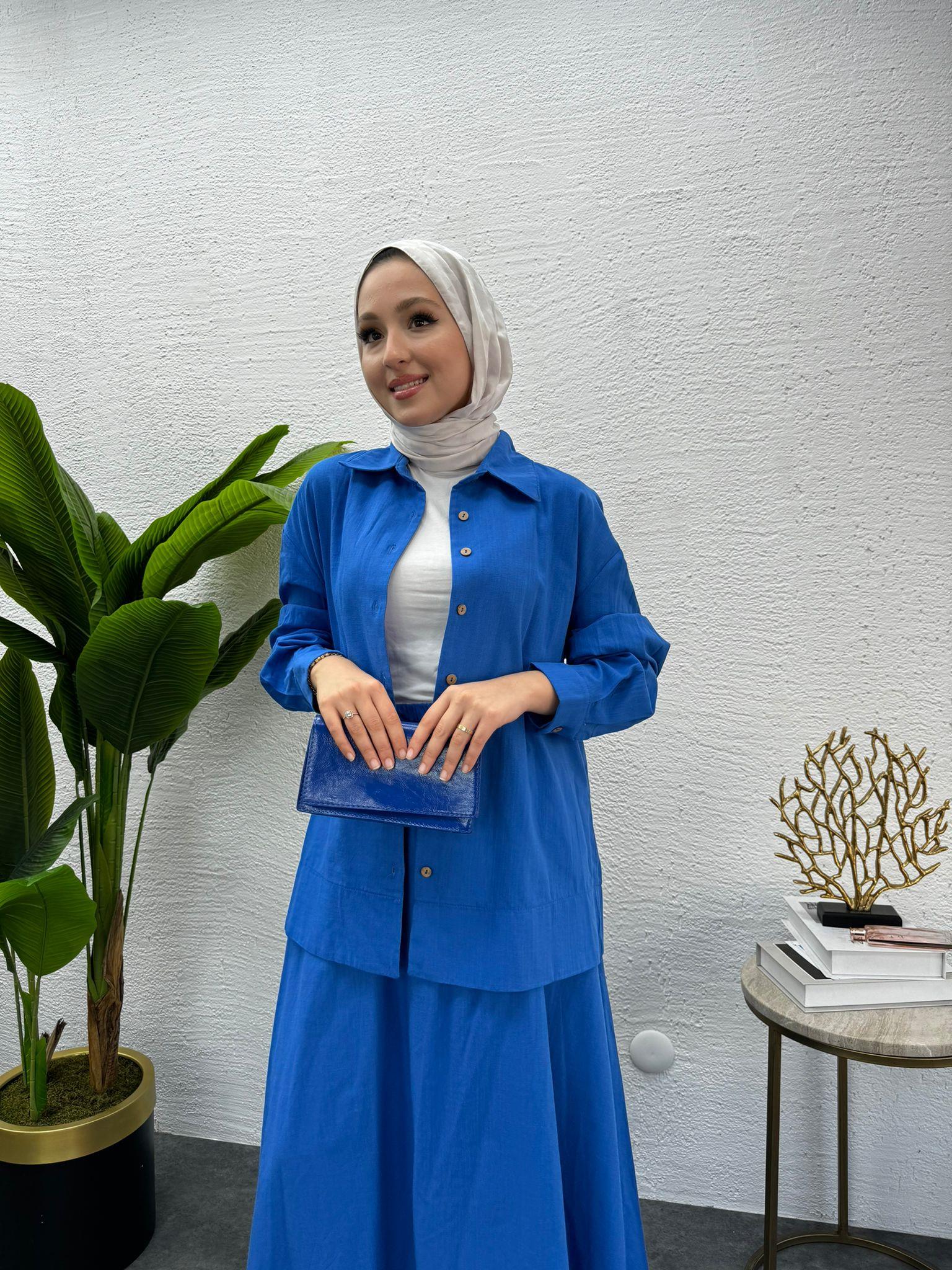 MEYSADESIGN ETEK TAKIM Düğmeli Keten Etekli Takım Saks