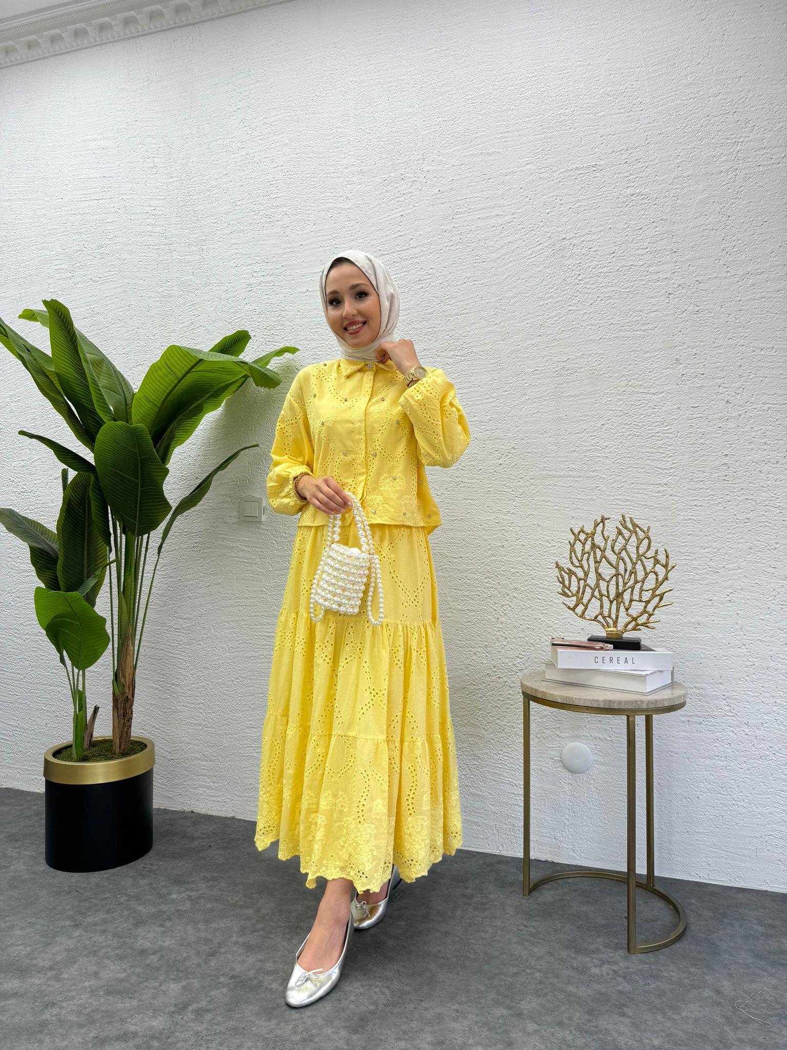 MEYSADESIGN ETEK TAKIM İşlemeli Fisto Etekli Takım Sarı